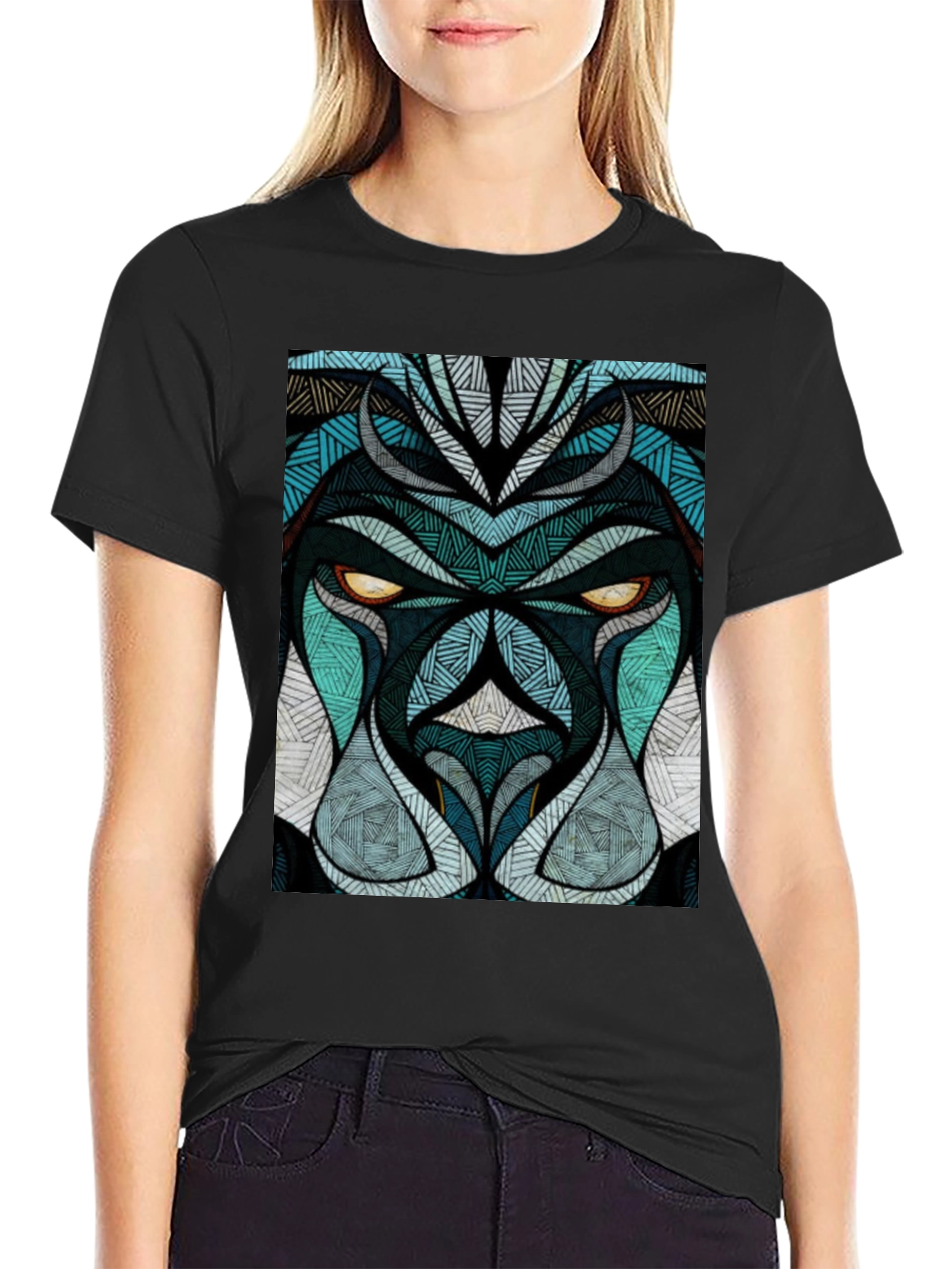 Black Abstract Lion Face Graphic Black T-Shirt view 2