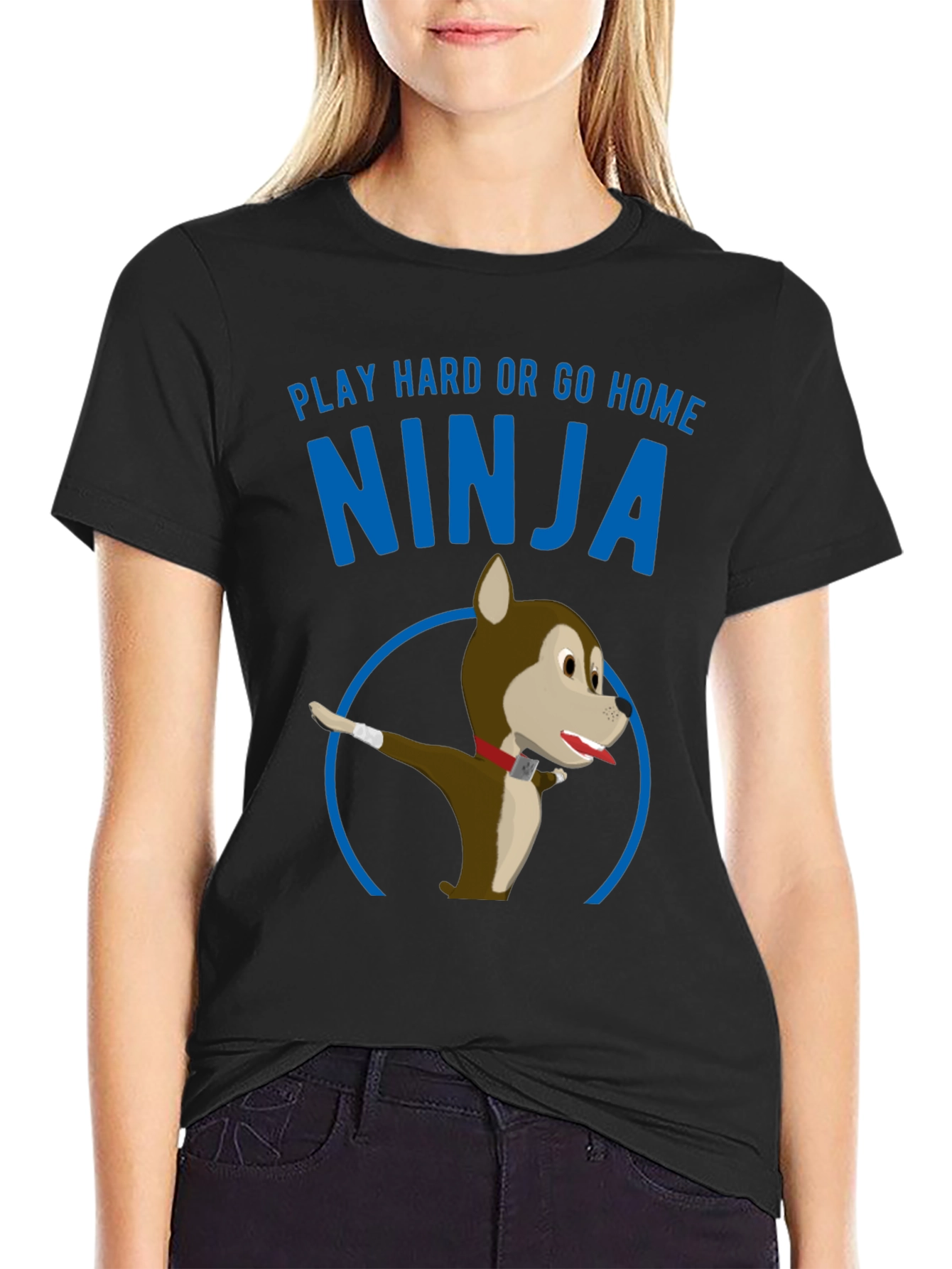 Black Play Hard Ninja Dog Graphic Tee view 2