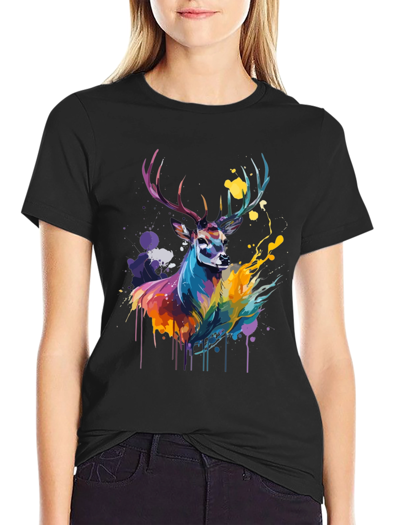Black Colorful Deer Graphic Tee - Men's Black T-Shirt view 2