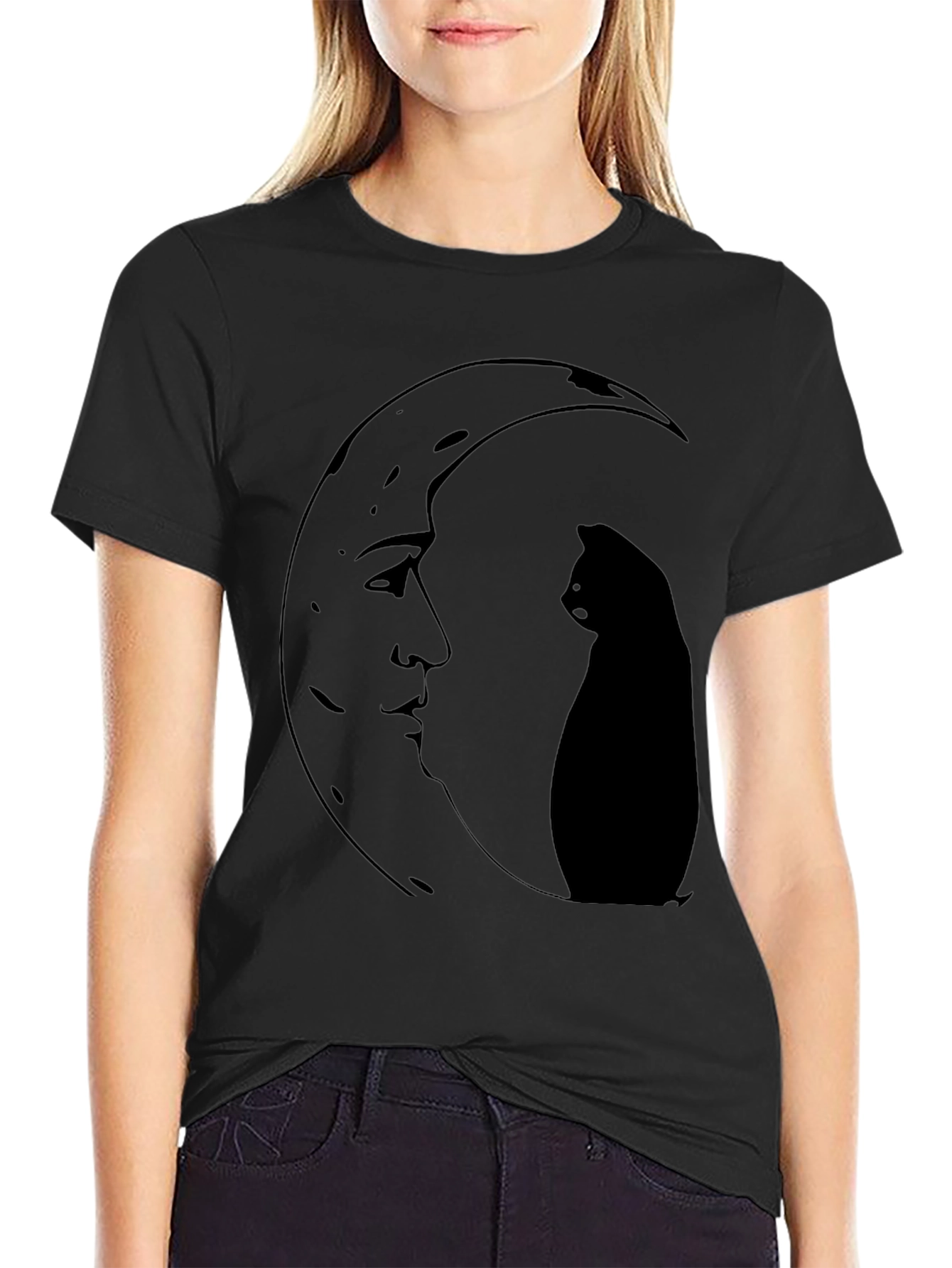 Black Moon Cat Graphic Tee - Black view 2
