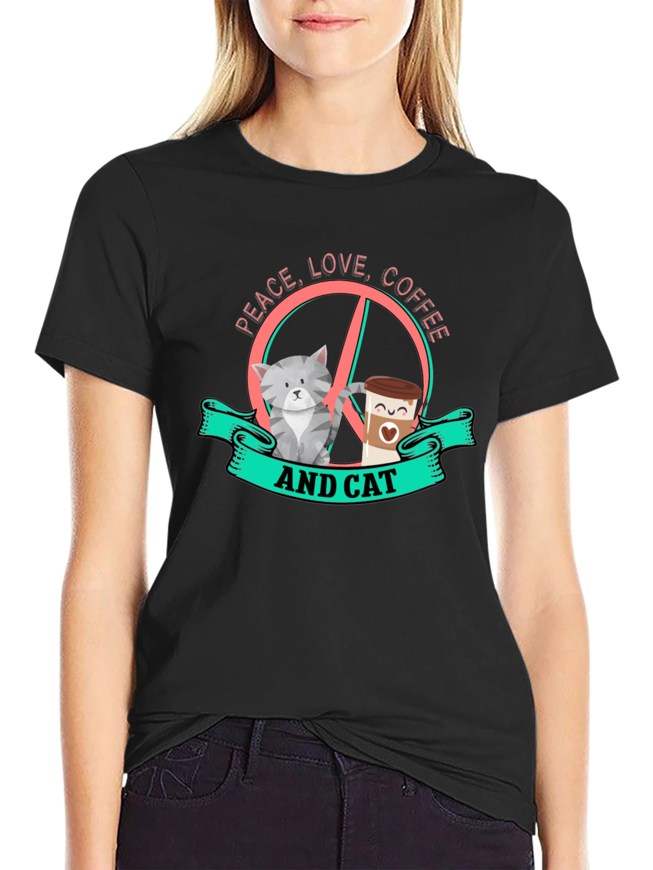 Black Peace Love Coffee and Cat Graphic Tee view 2