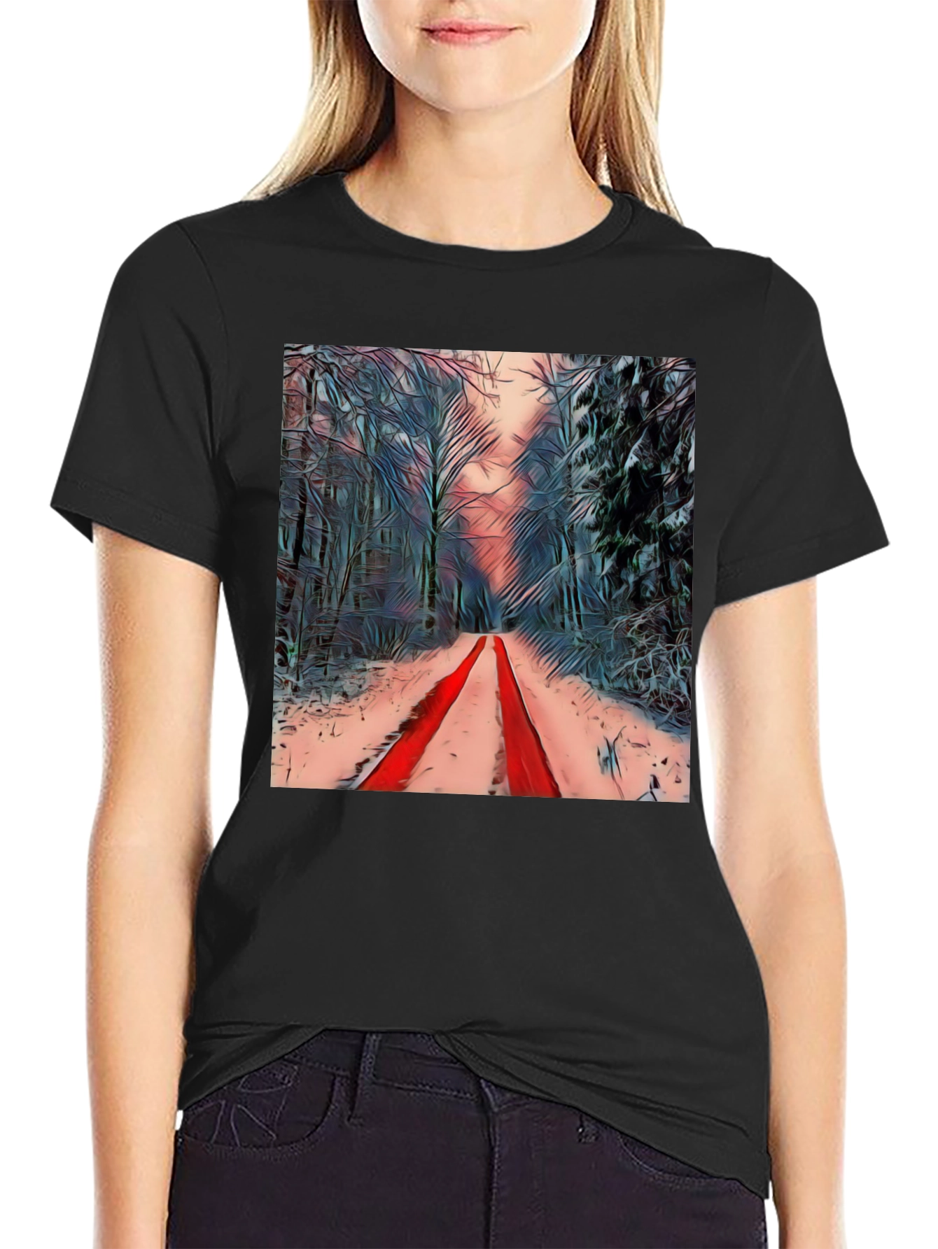 Black Winter Forest Red Path Black T-Shirt view 2