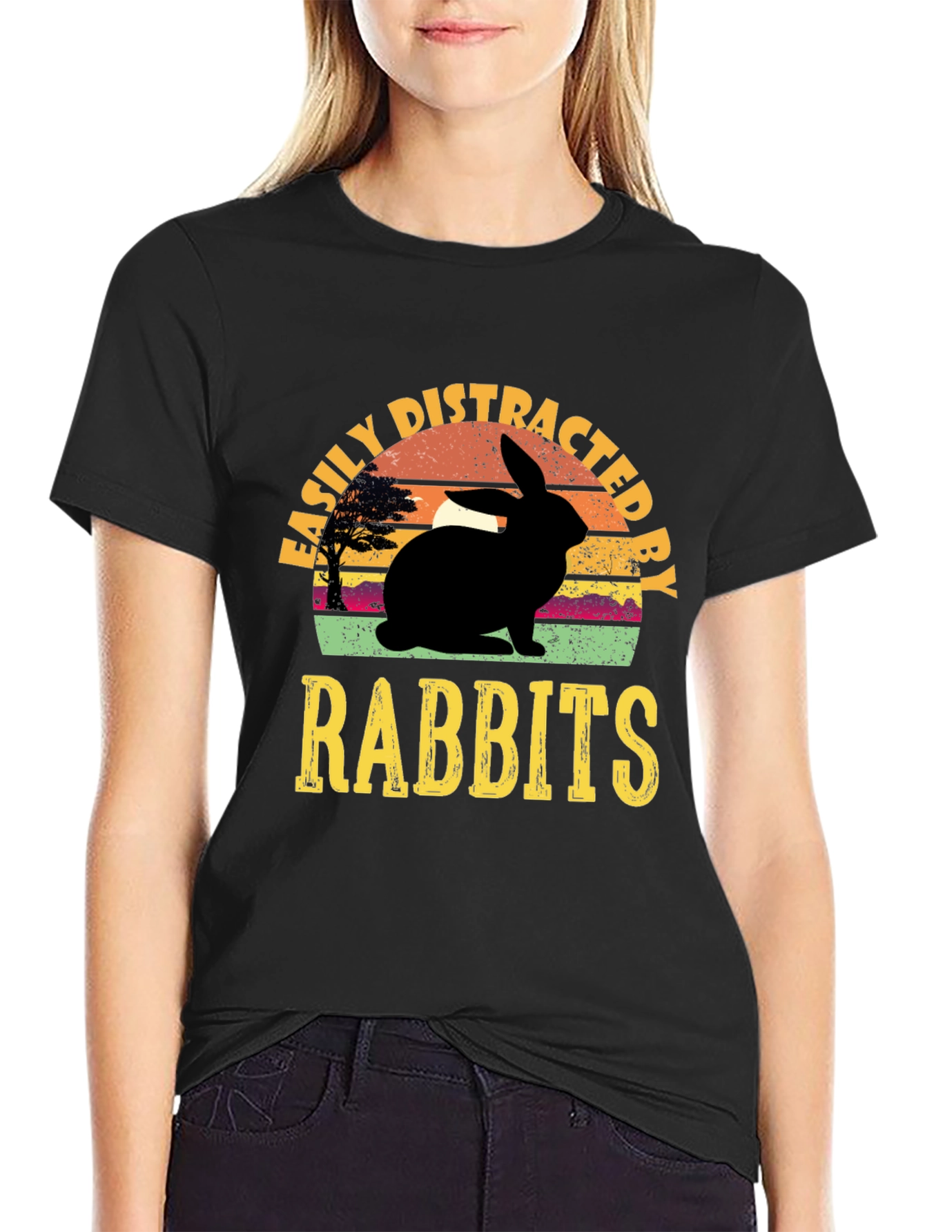 Black Easily Distracted By Rabbits T-Shirt view 2
