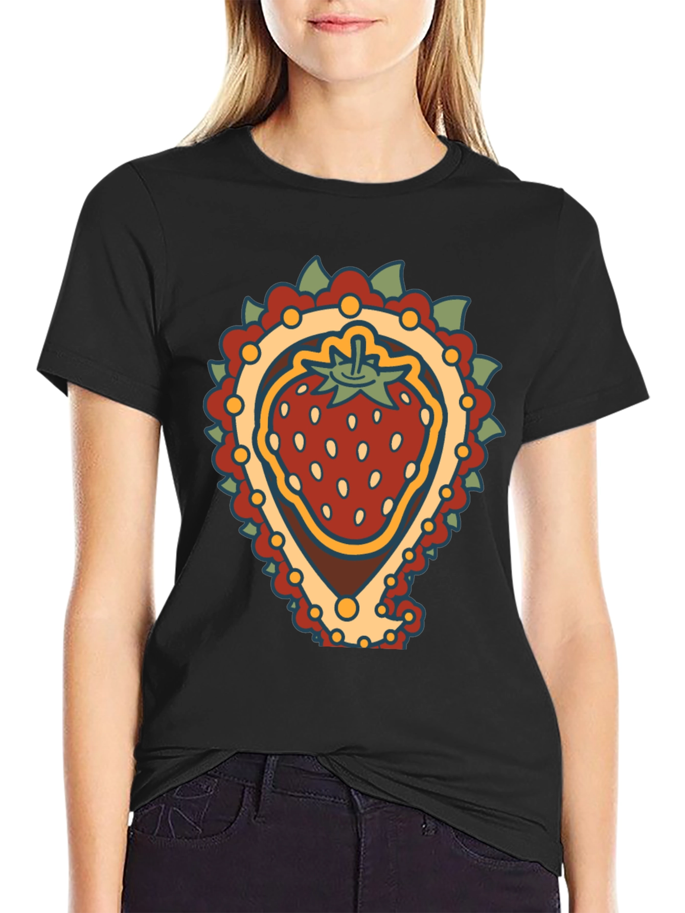 Black Strawberry Paisley T-Shirt - Unique Fruit Graphic Tee view 2