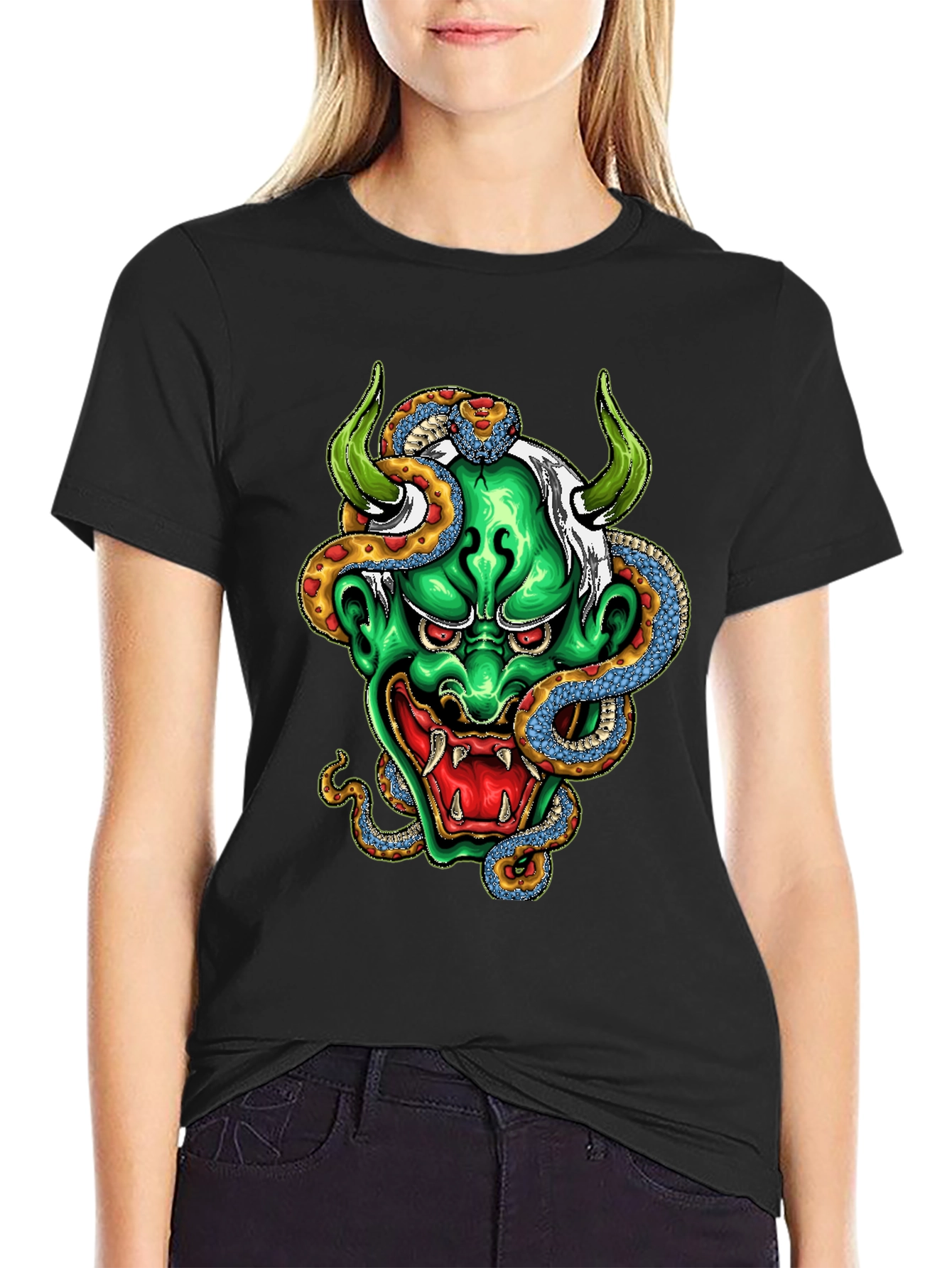 Black Men's Graphic Tee - Oni Mask & Snake view 2