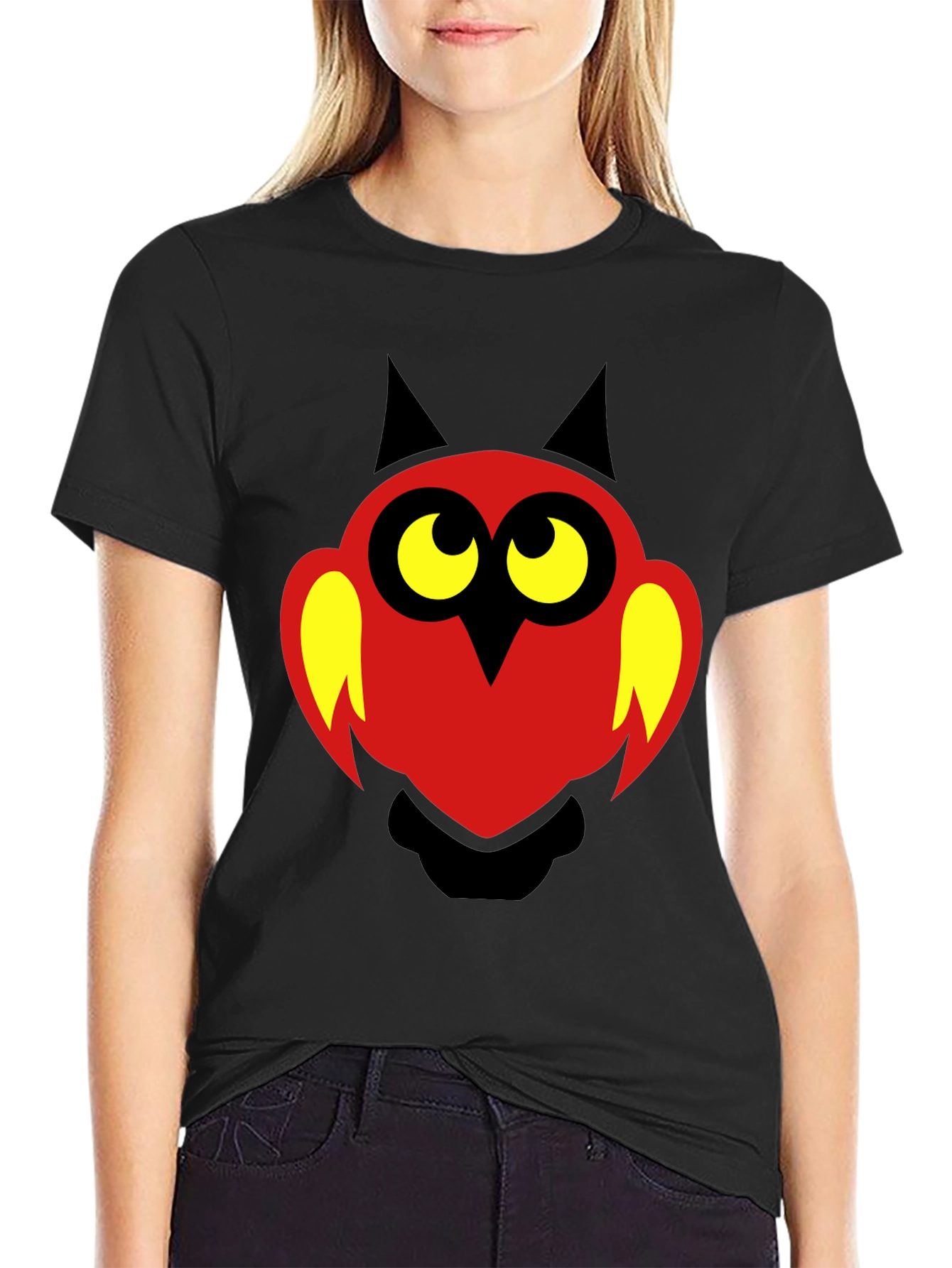 Black Cartoon Owl Graphic Print T-Shirt - Black view 2