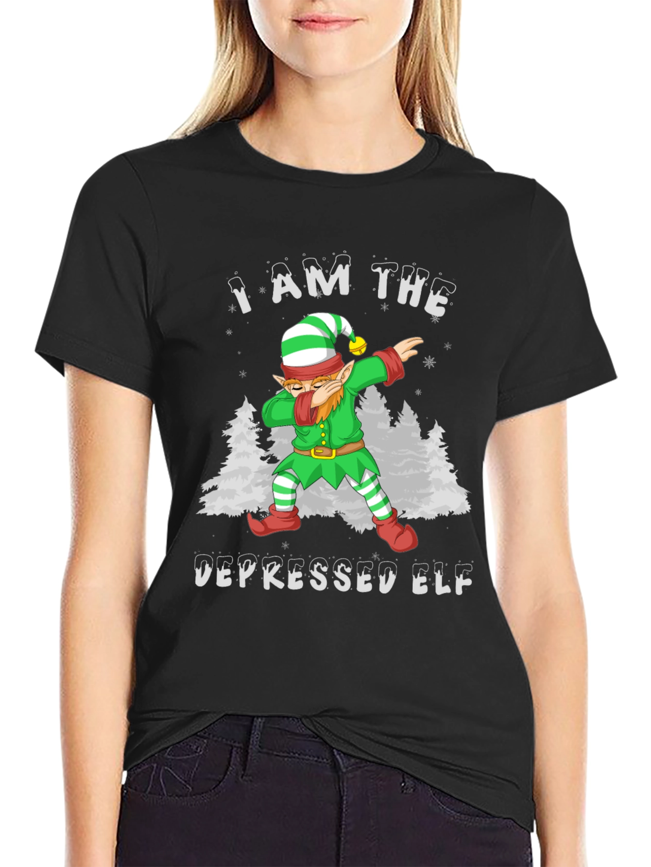 Black Depressed Elf Dab Funny Christmas T-Shirt view 2