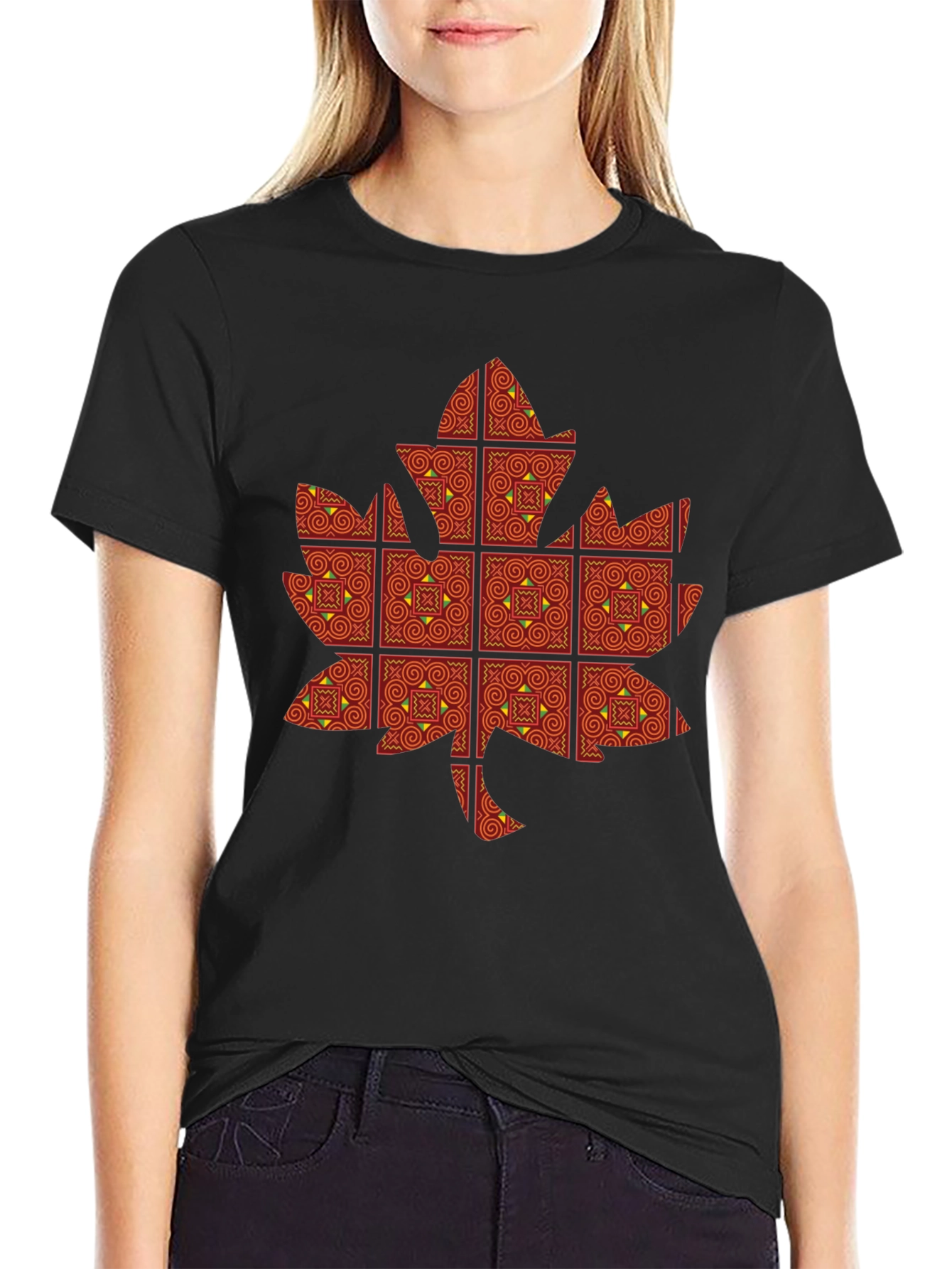 Black Maple Leaf Patterned T-Shirt view 2