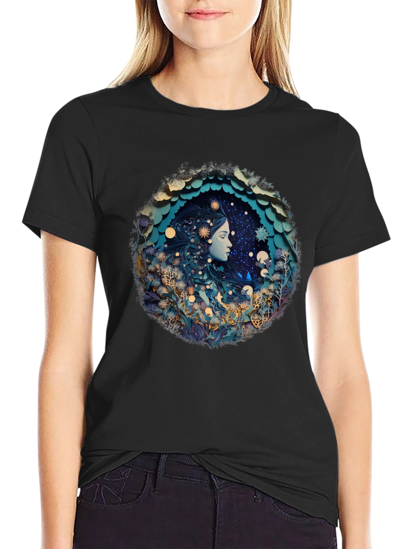 Black Celestial Dreamscape Graphic Tee - Black Cotton Blend view 2