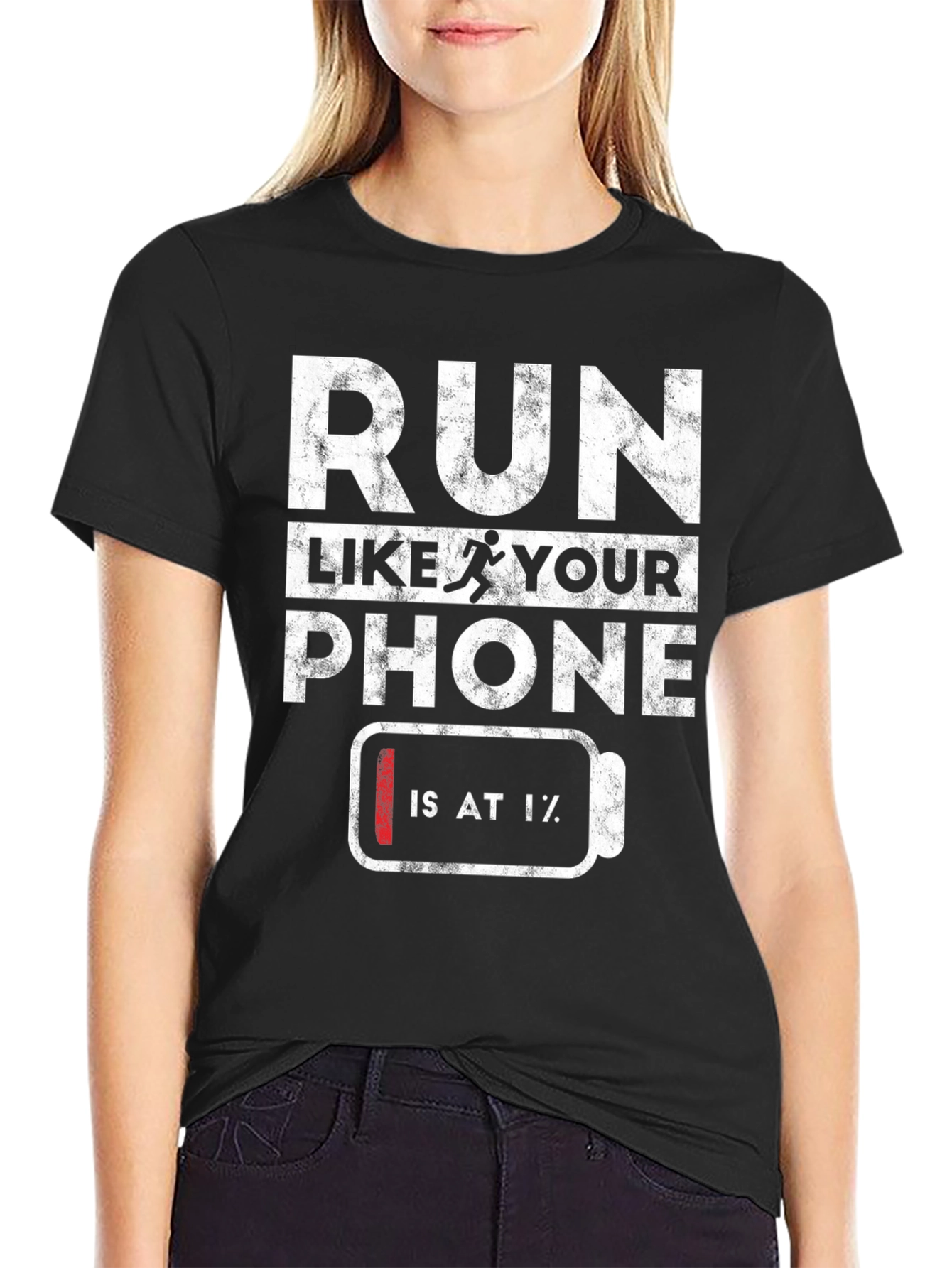 Black Run Like Your Phone is at 1% Funny Graphic Tee view 2