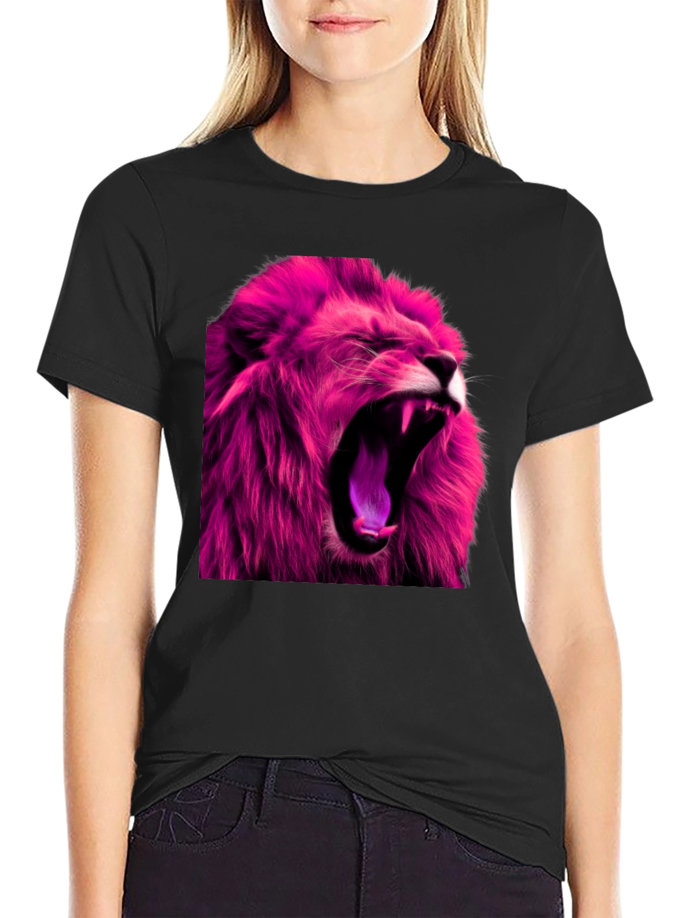 Black Roaring Pink Lion Graphic Print Black T-Shirt view 2