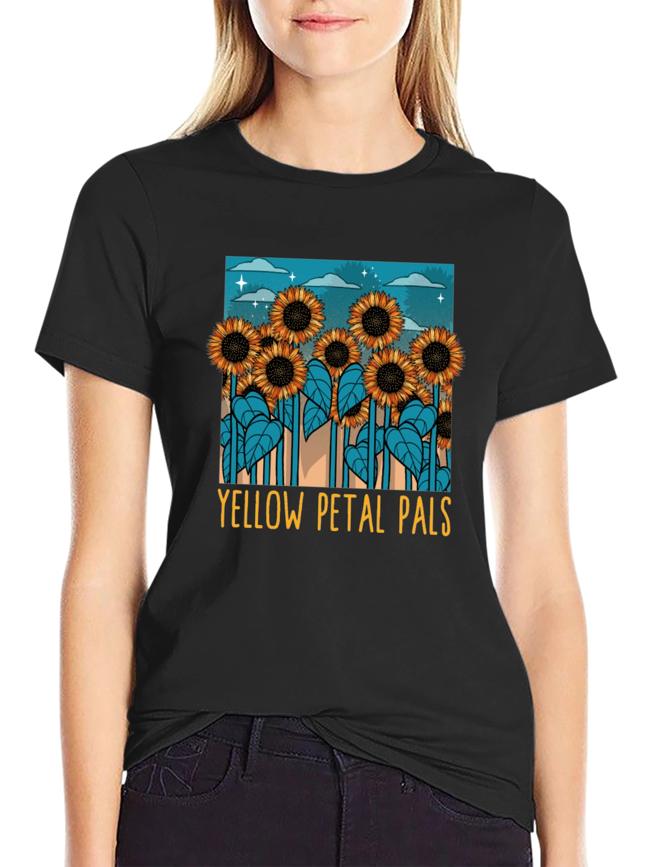 Black Sunflower Graphic Tee - Yellow Petal Pals T-Shirt view 2