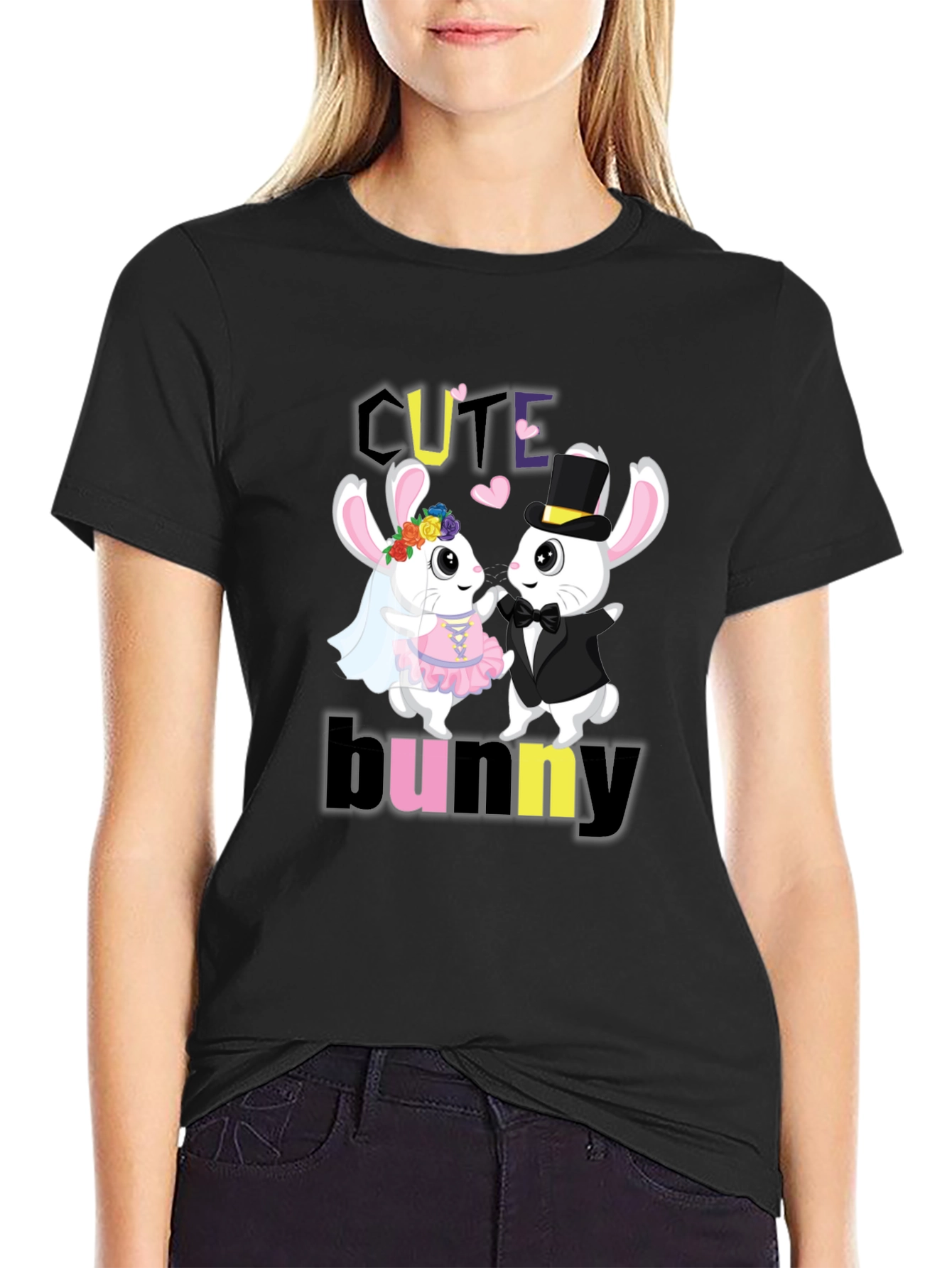 Black Cute Bunny Couple Graphic T-Shirt view 2