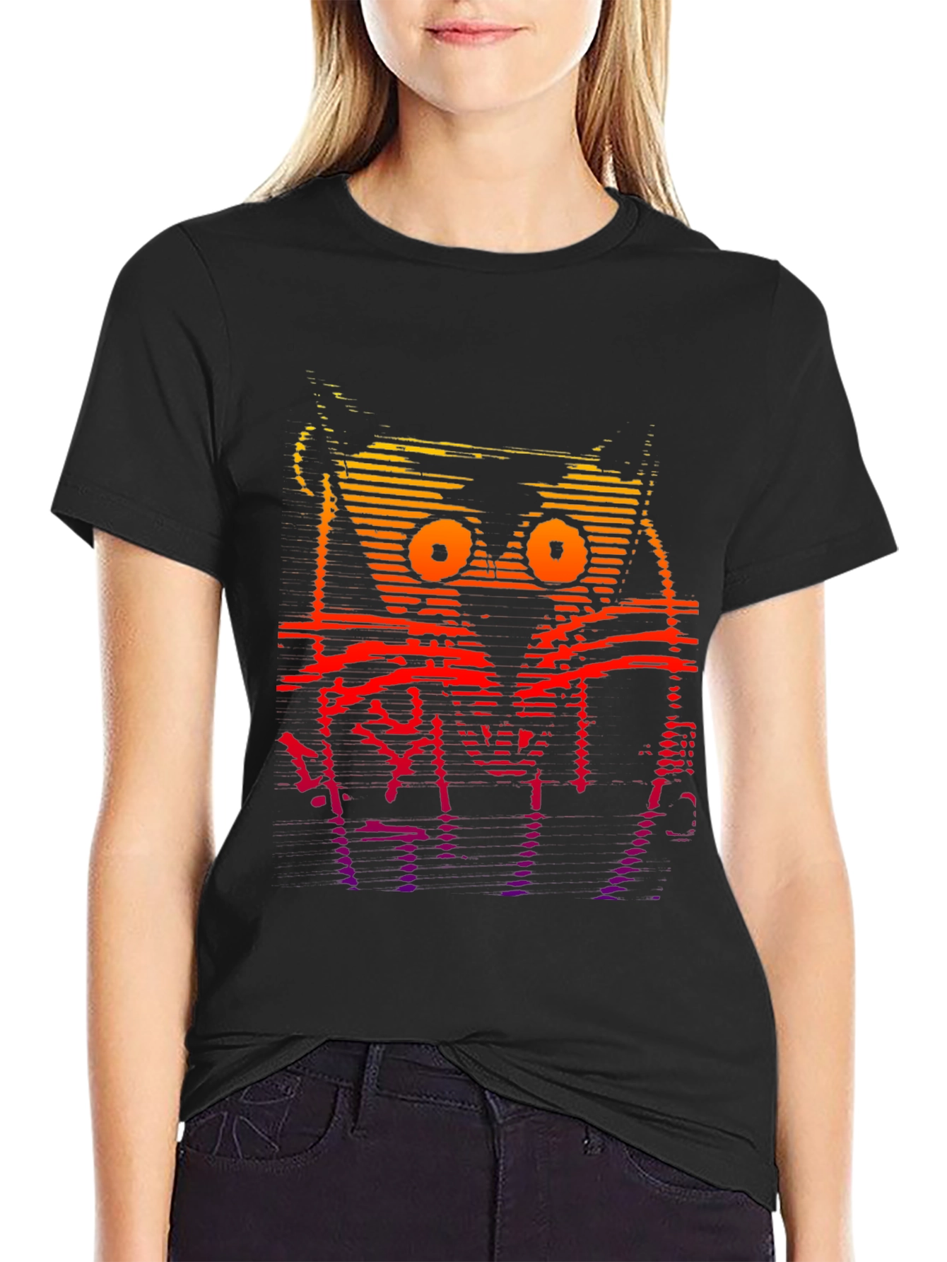 Black Retro Glitch Cat Graphic T-Shirt view 2
