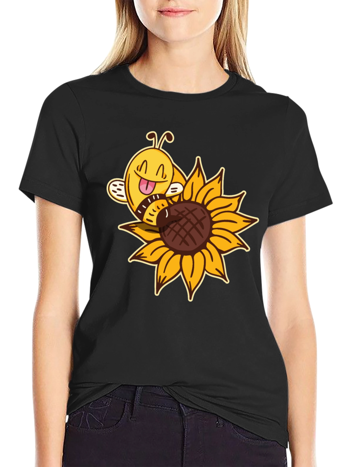Black Cute Bee on Sunflower Black T-Shirt view 2