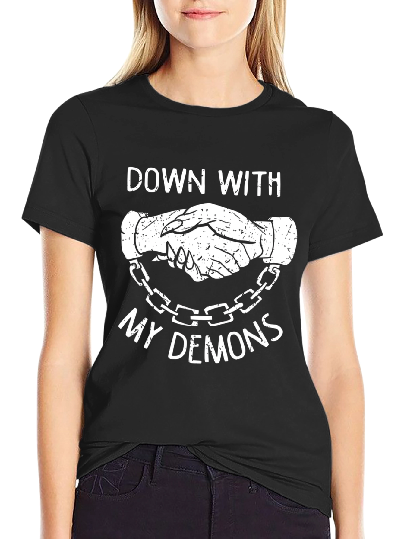 Black Down With My Demons Graphic Tee - Chain Handshake Design view 2