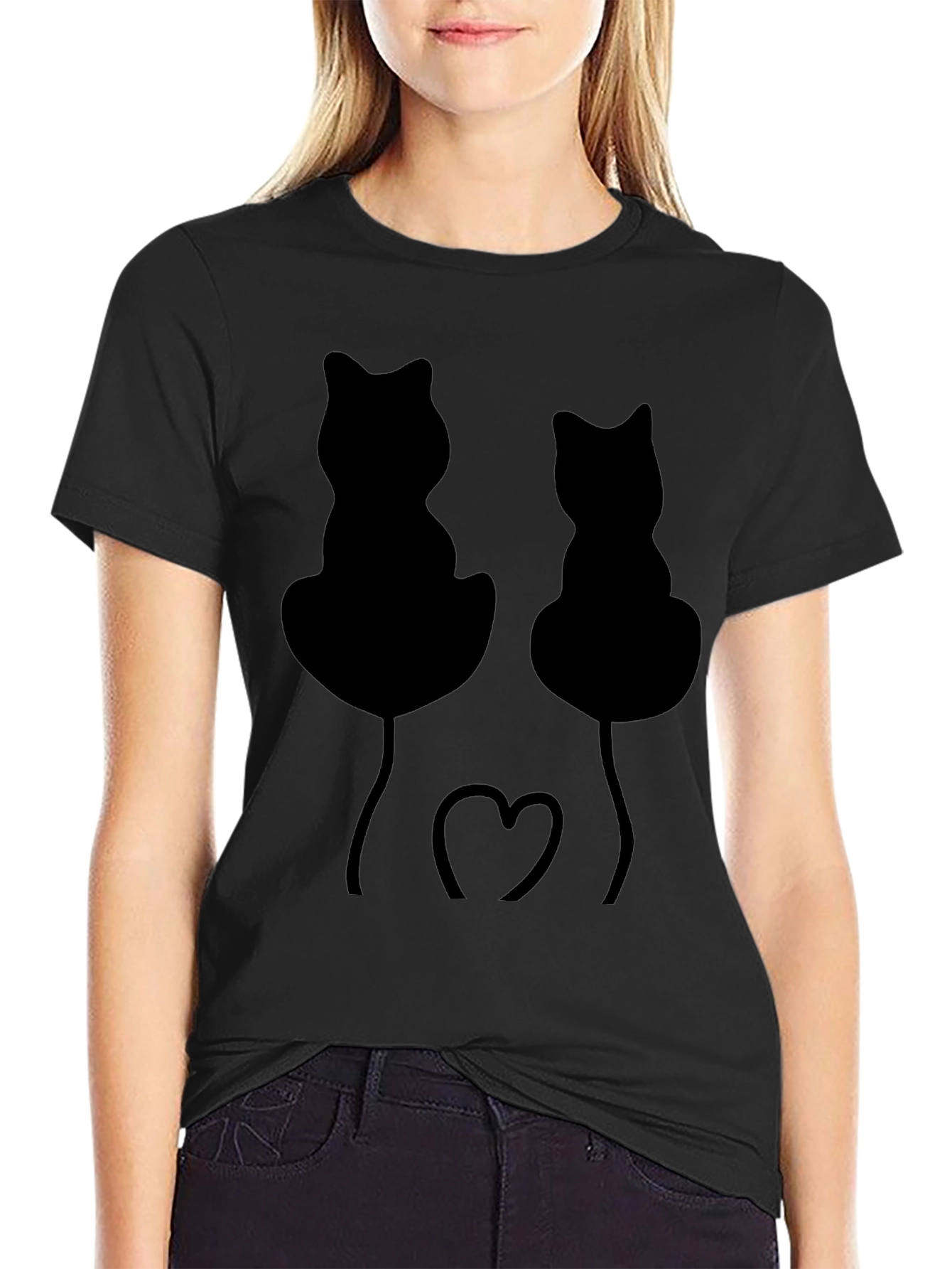 Black Whimsical Black Cat Heart T-Shirt view 2
