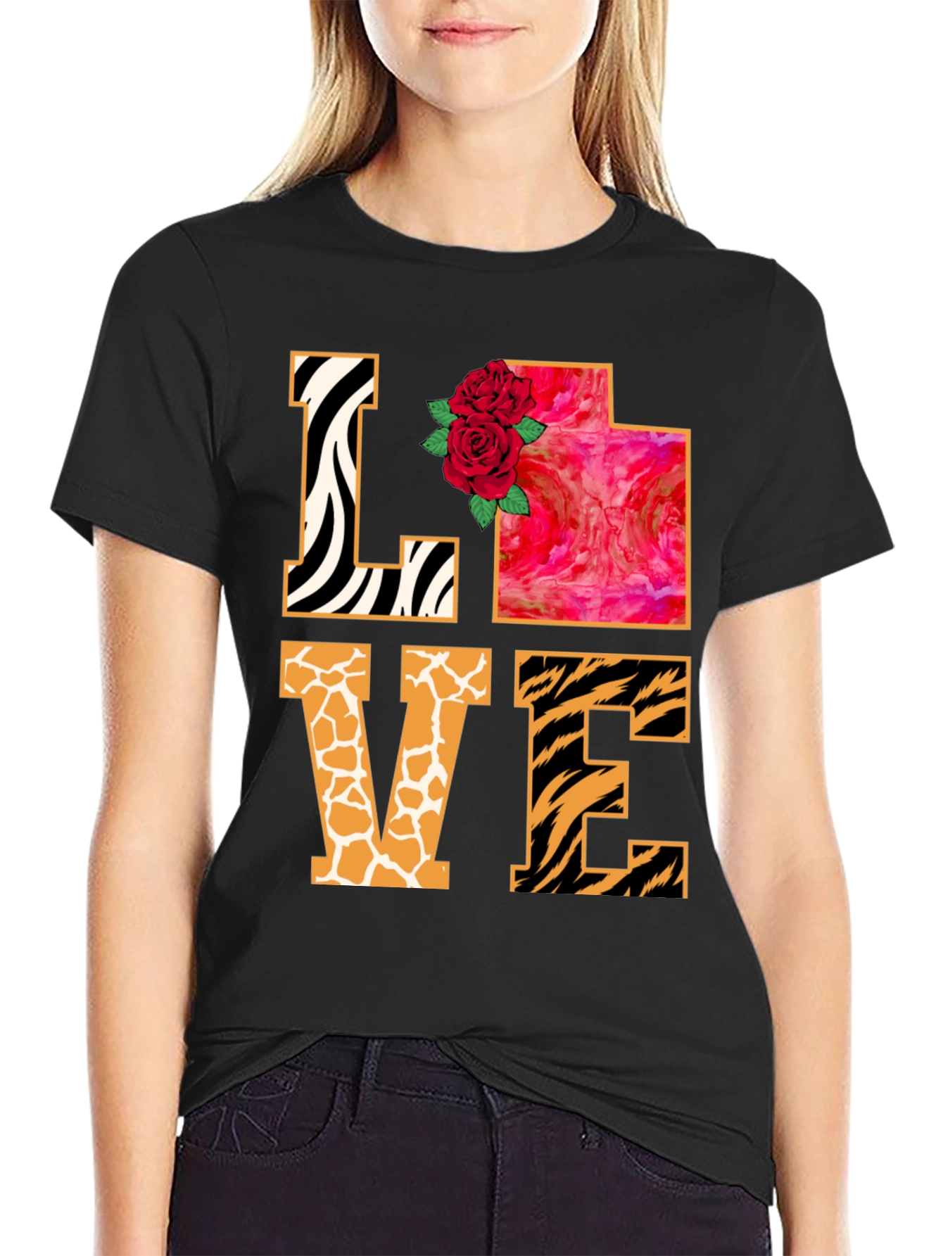 Black LOVE Animal Print Graphic T-Shirt view 2