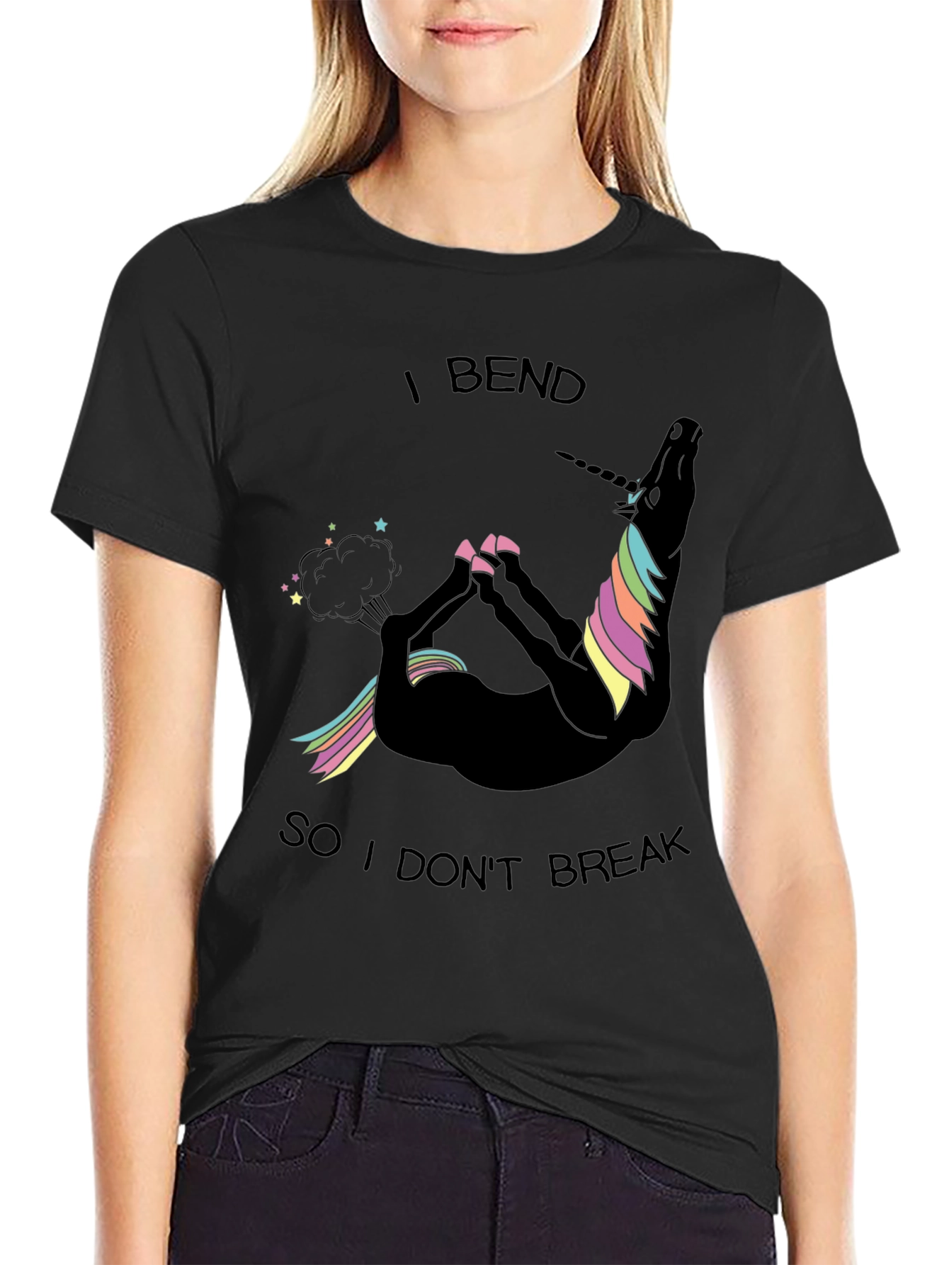 Black Funny Unicorn Yoga T-Shirt - I Bend So I Don't Break view 2