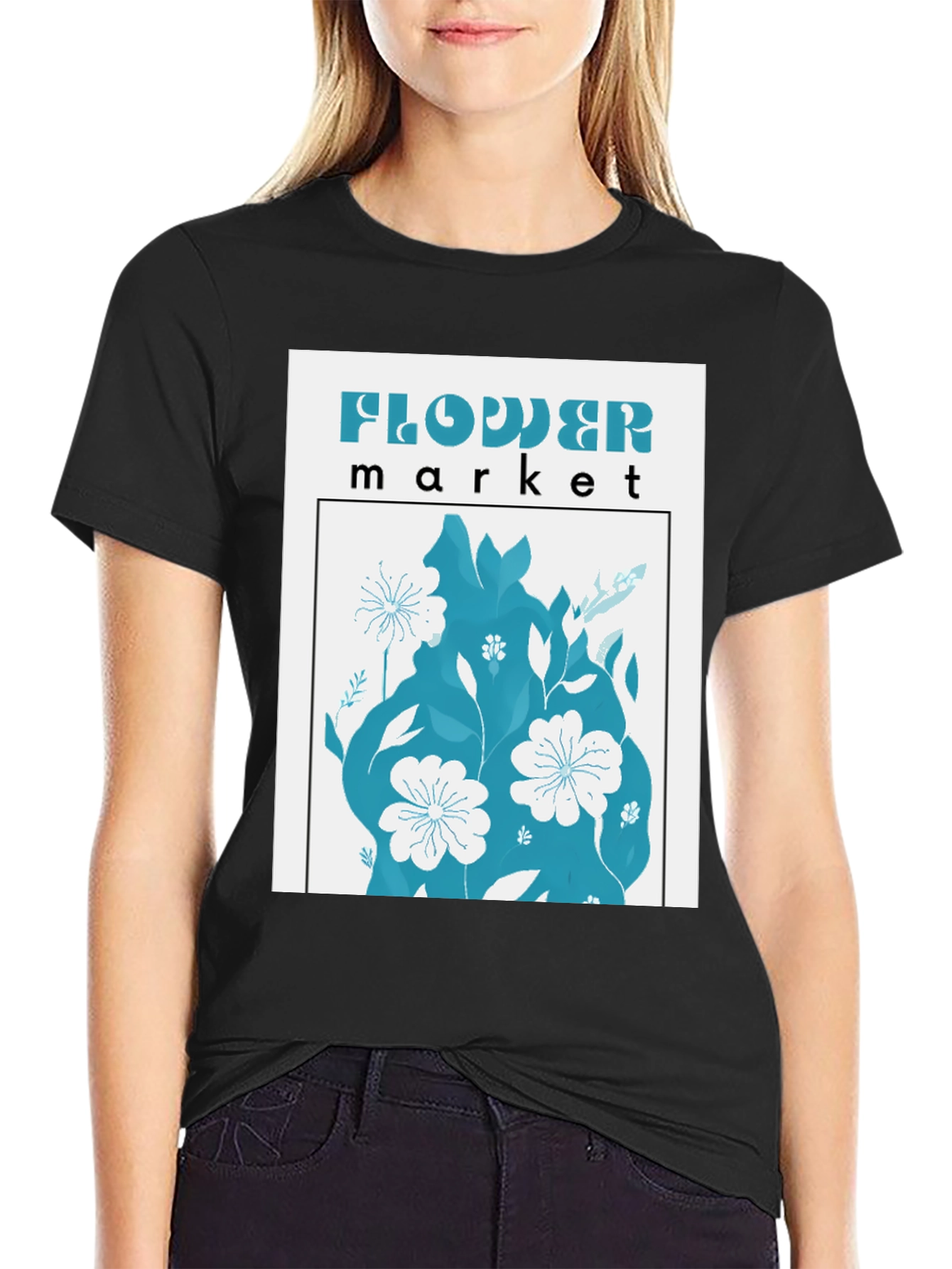 Black Floral Market Graphic Tee - Soft Cotton Blend T-Shirt view 2