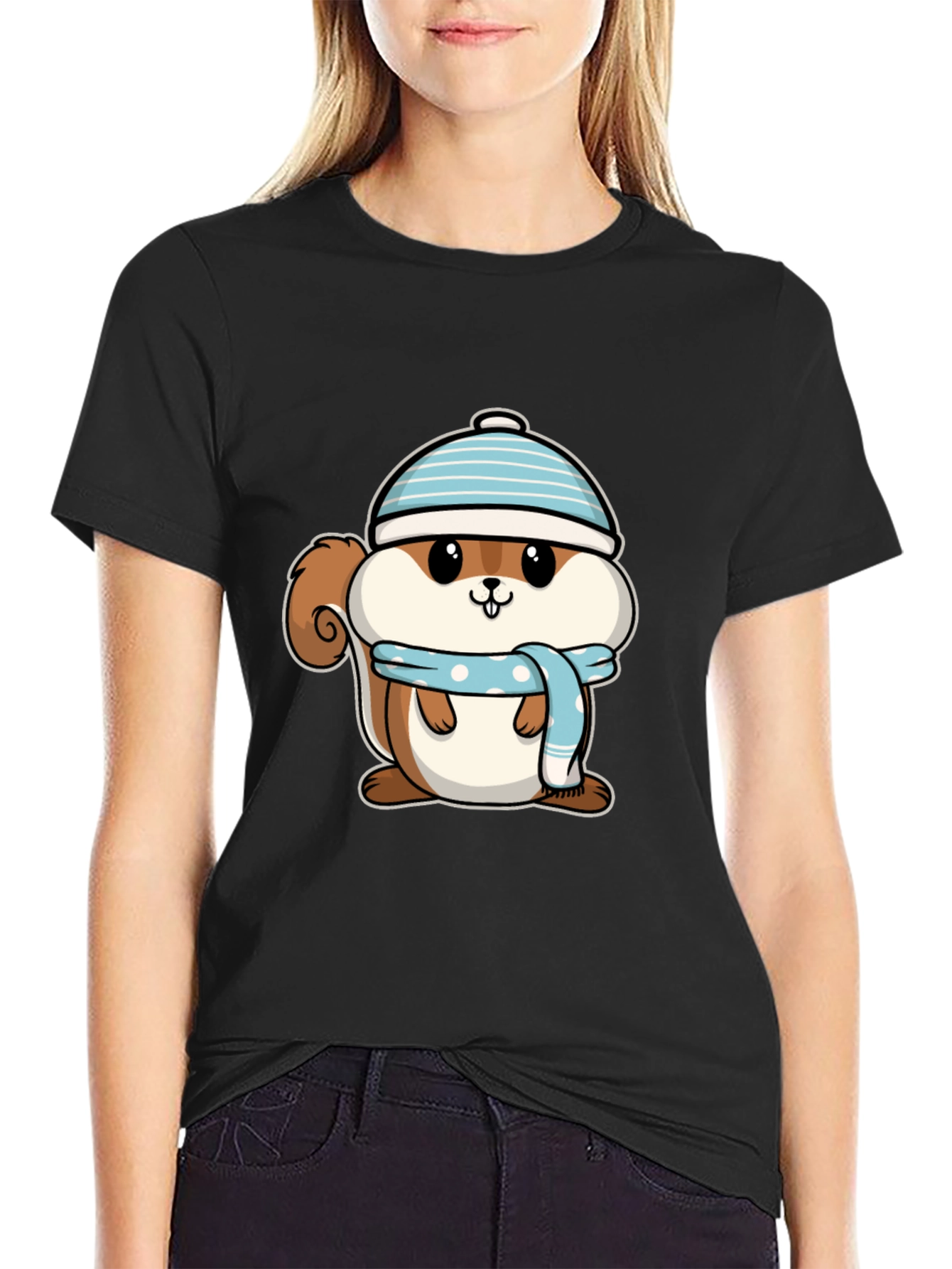 Black Cute Squirrel in Hat T-Shirt - Black view 2