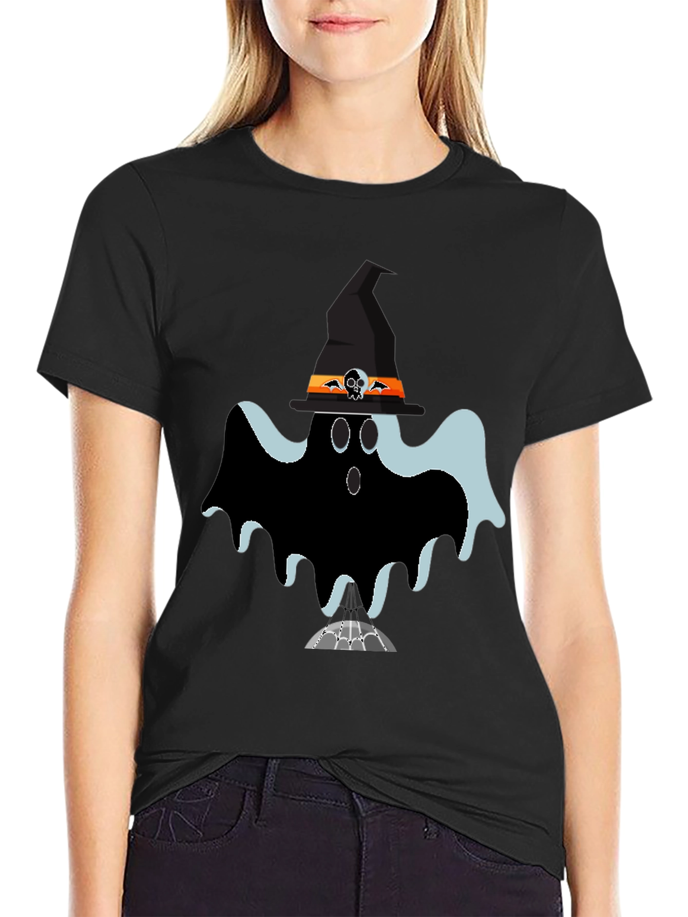 Black Halloween Ghost Tee: Spooky Season Style view 2