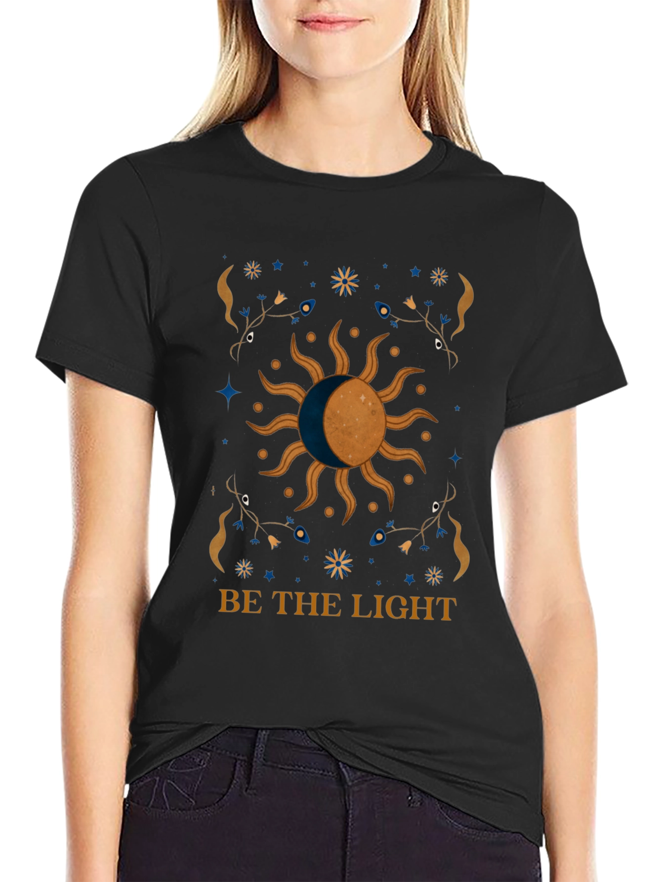 Black Celestial Sun & Moon Graphic Tee - Be The Light! view 2