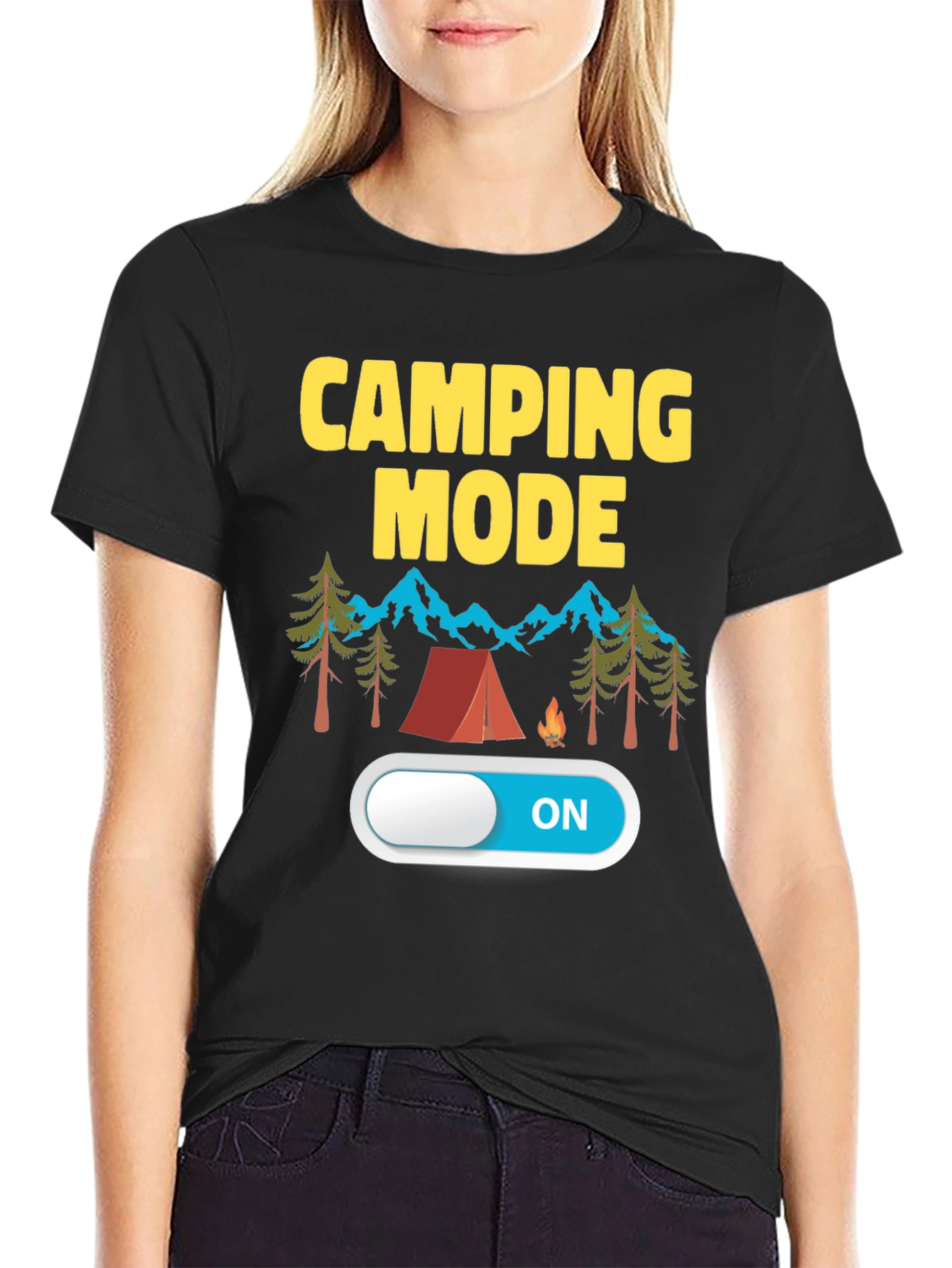 Black Camping Mode ON Black T-Shirt view 2
