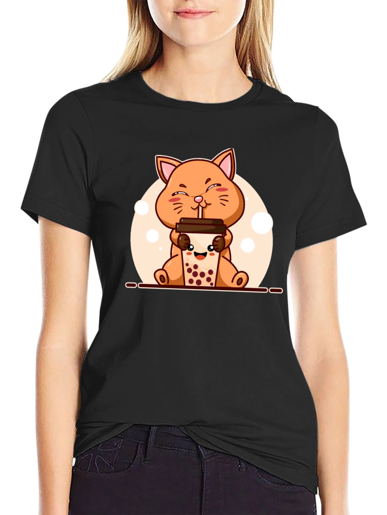 Black Cute Cat Boba Tea Graphic T-Shirt - Unisex view 2
