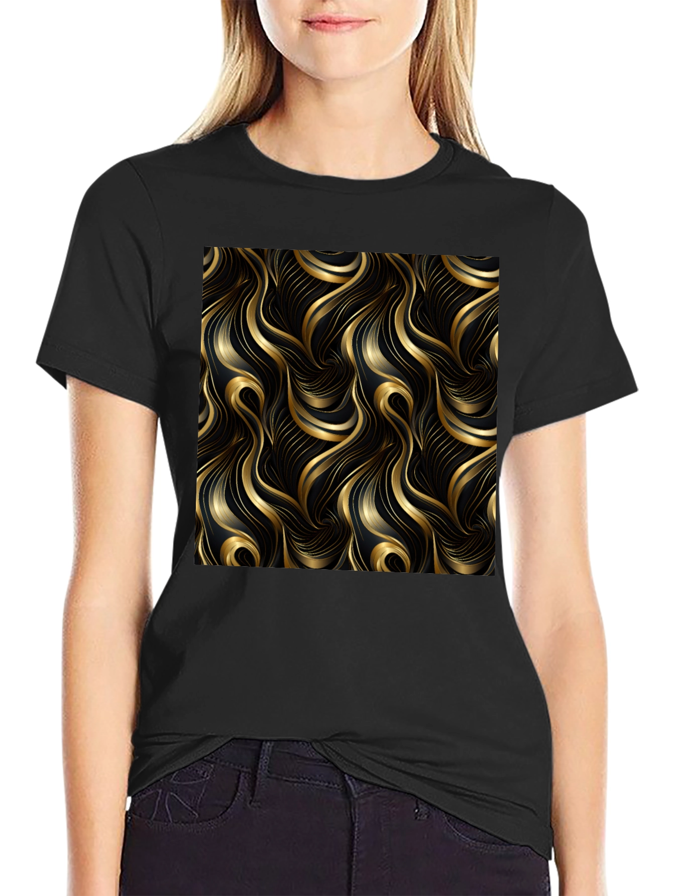 Elegant Black T-Shirt with Gold Wave Design - 2