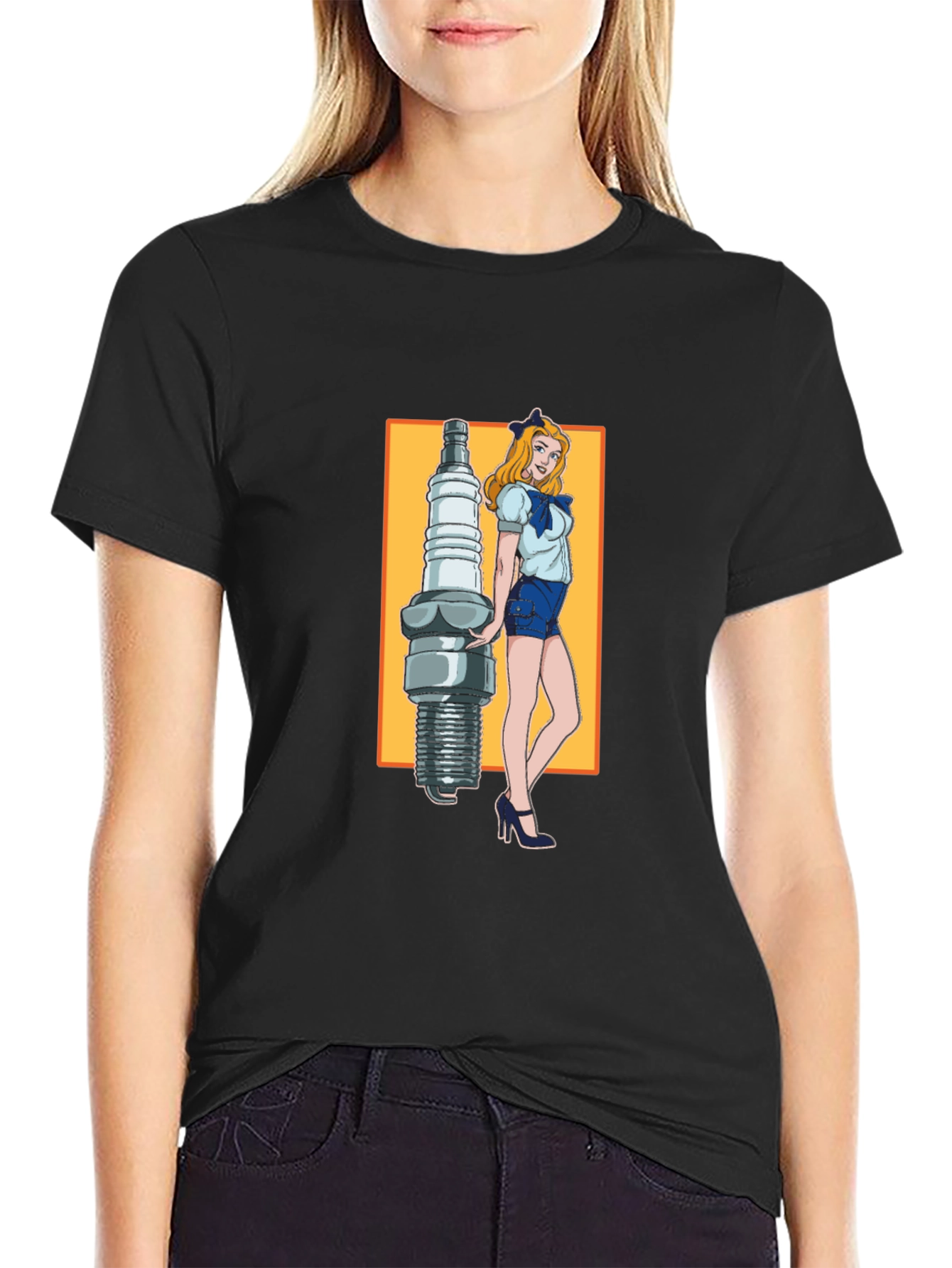 Black Cartoon Spark Plug Girl Black T-Shirt view 2