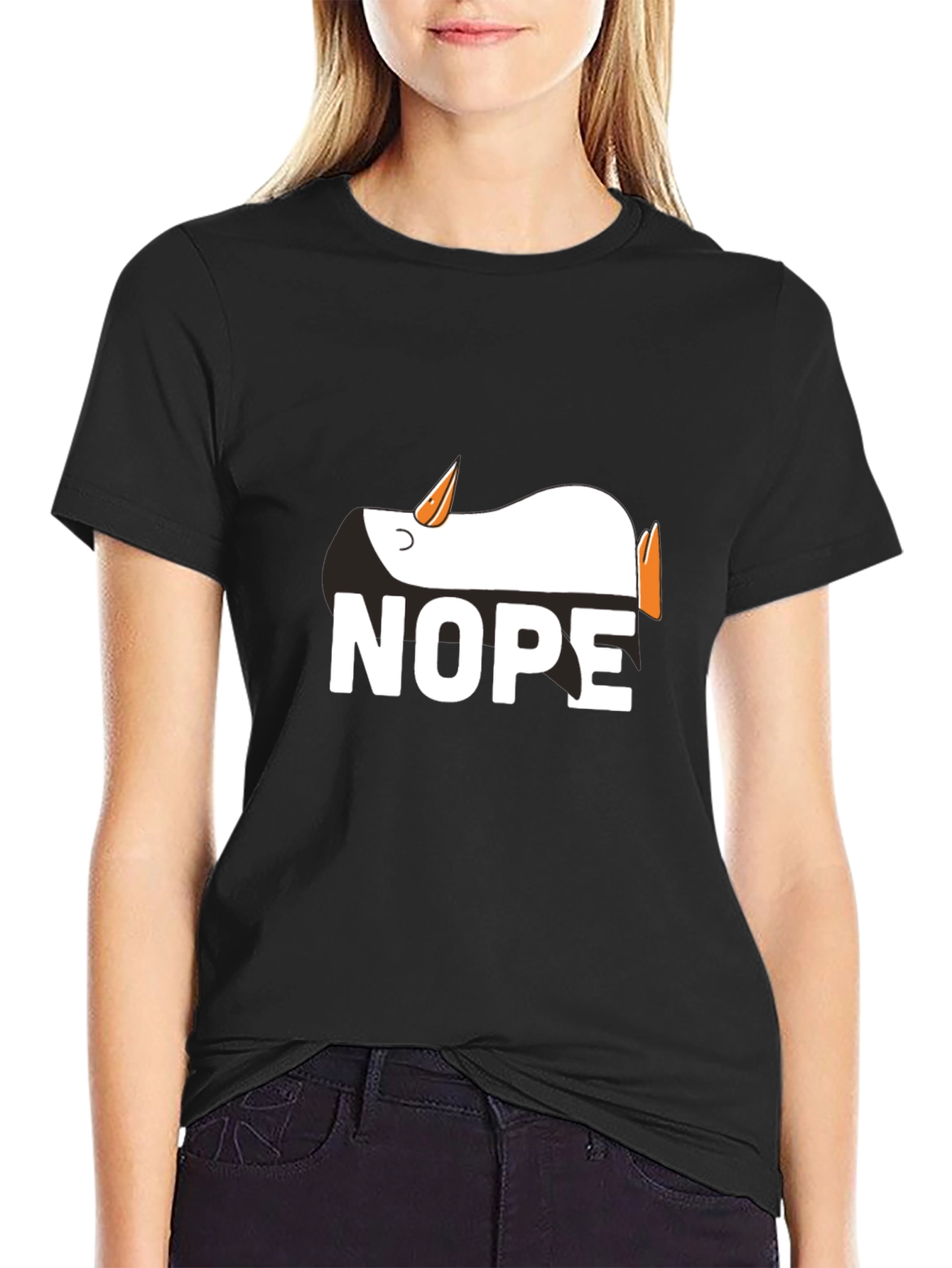 Black Nope Penguin Graphic Tee - Funny Relaxed T-Shirt view 2