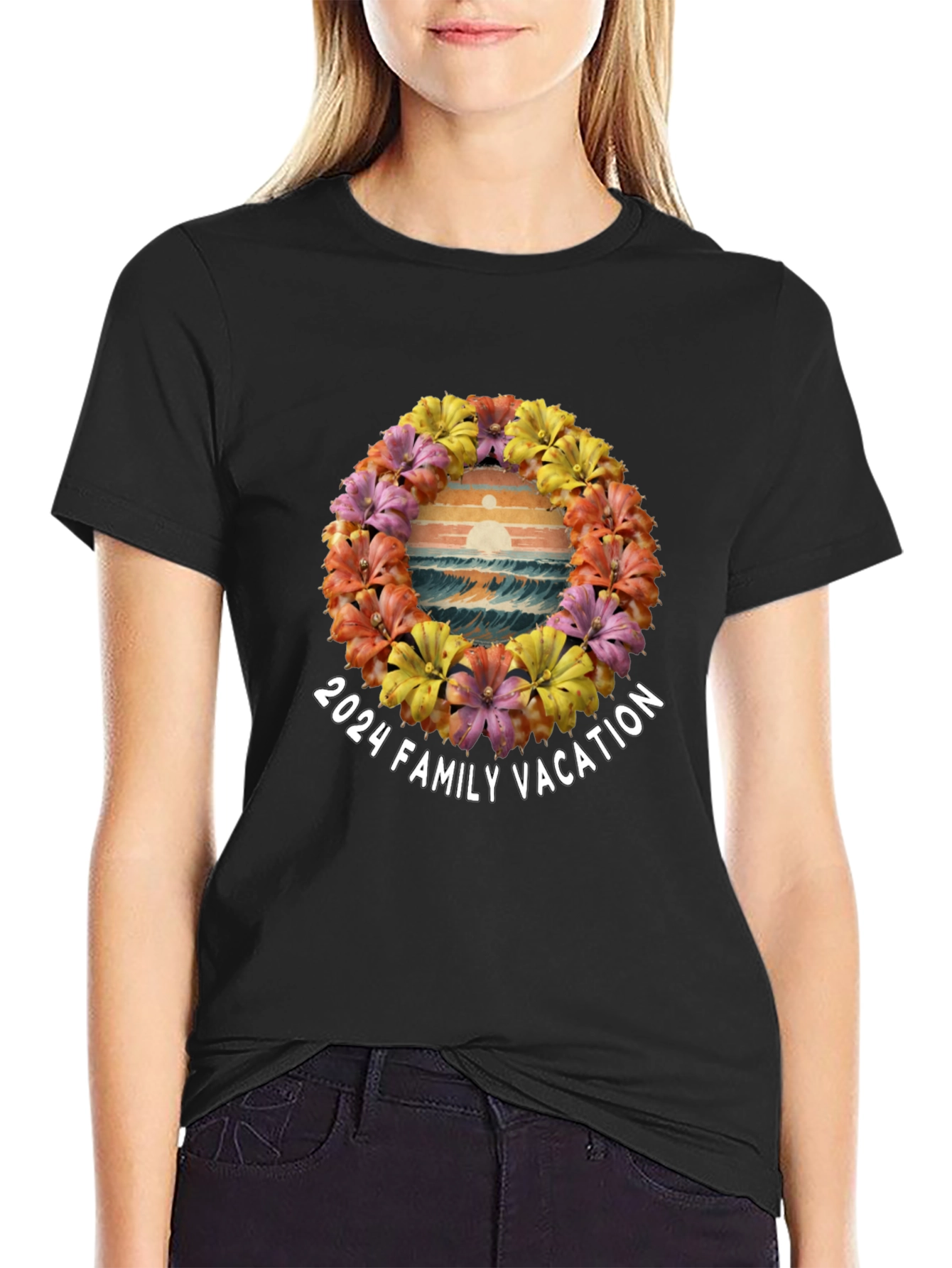 Black 2024 Family Vacation Floral Beach T-Shirt view 2