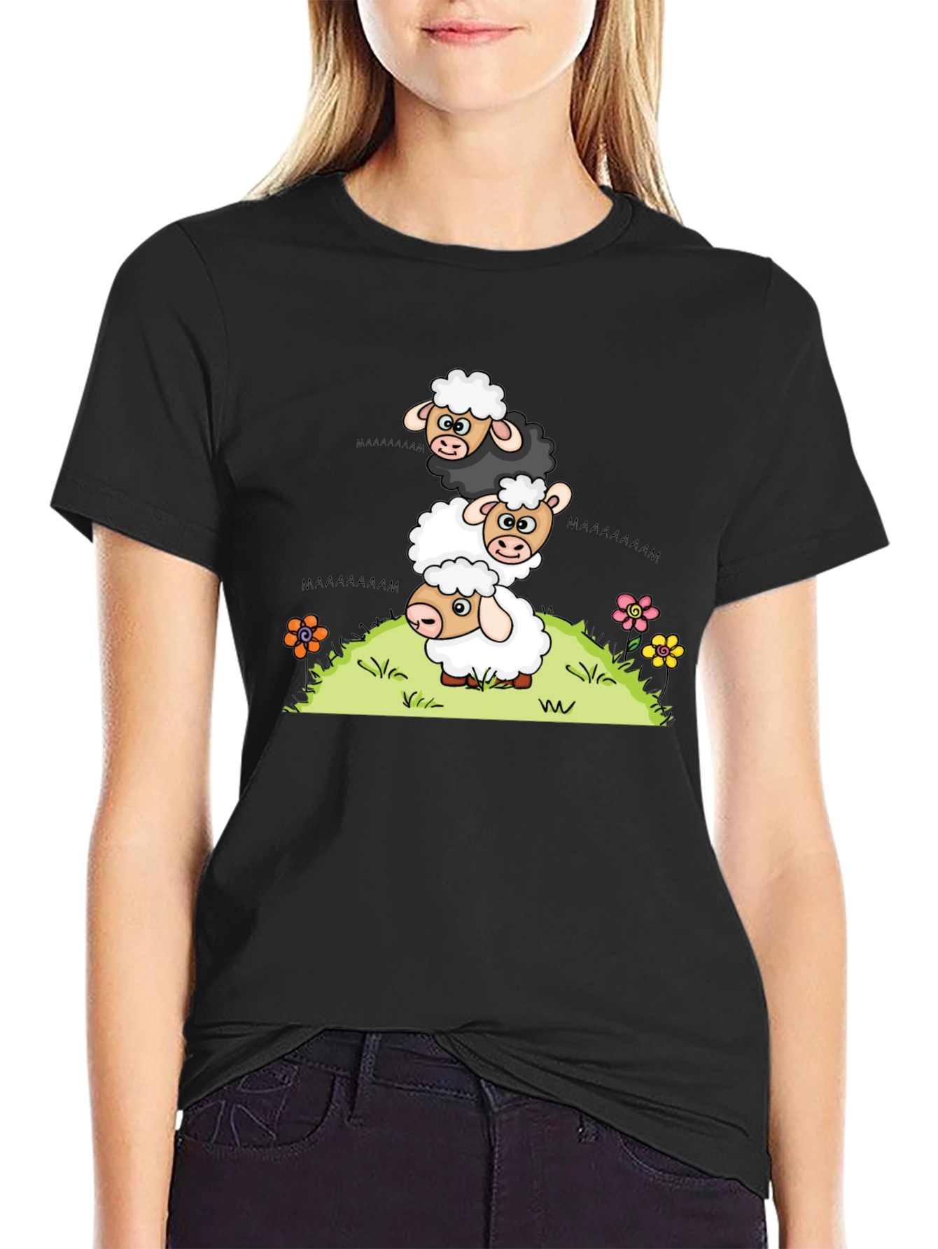Black Stacked Sheep Cartoon T-Shirt view 2