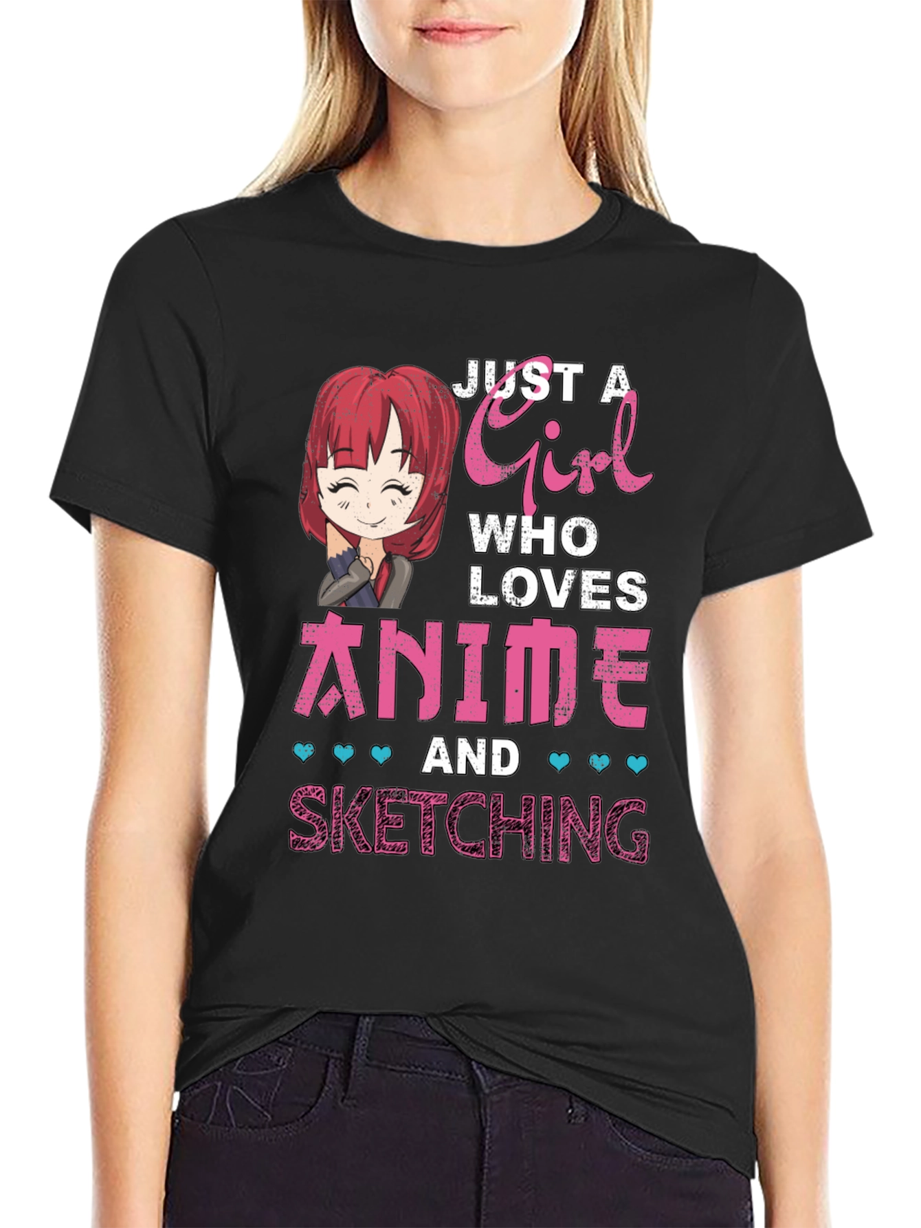 Black Anime Girl Sketching T-Shirt - Cute Manga Lover Tee view 2