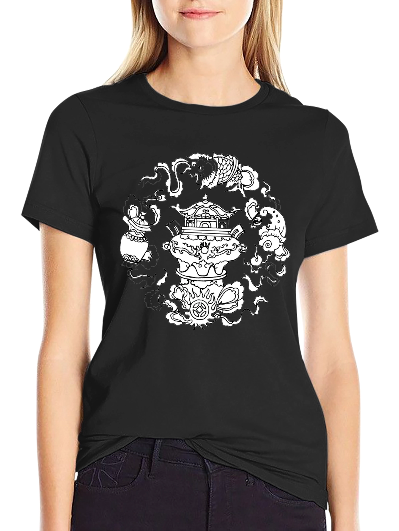 Black T-Shirt with Asian-Inspired White Graphic Design - 2