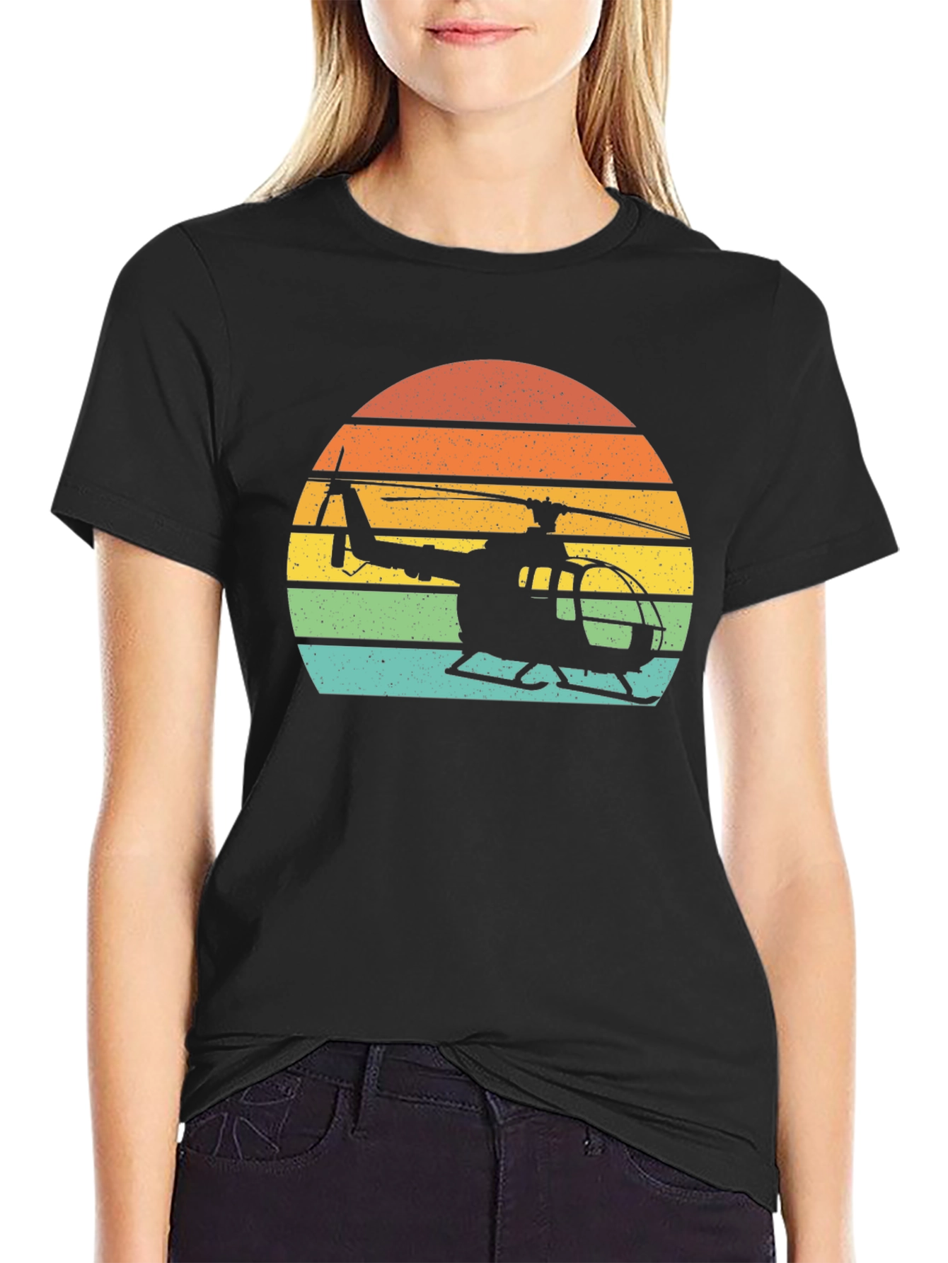 Black Vintage Helicopter Sunset Graphic T-Shirt view 2