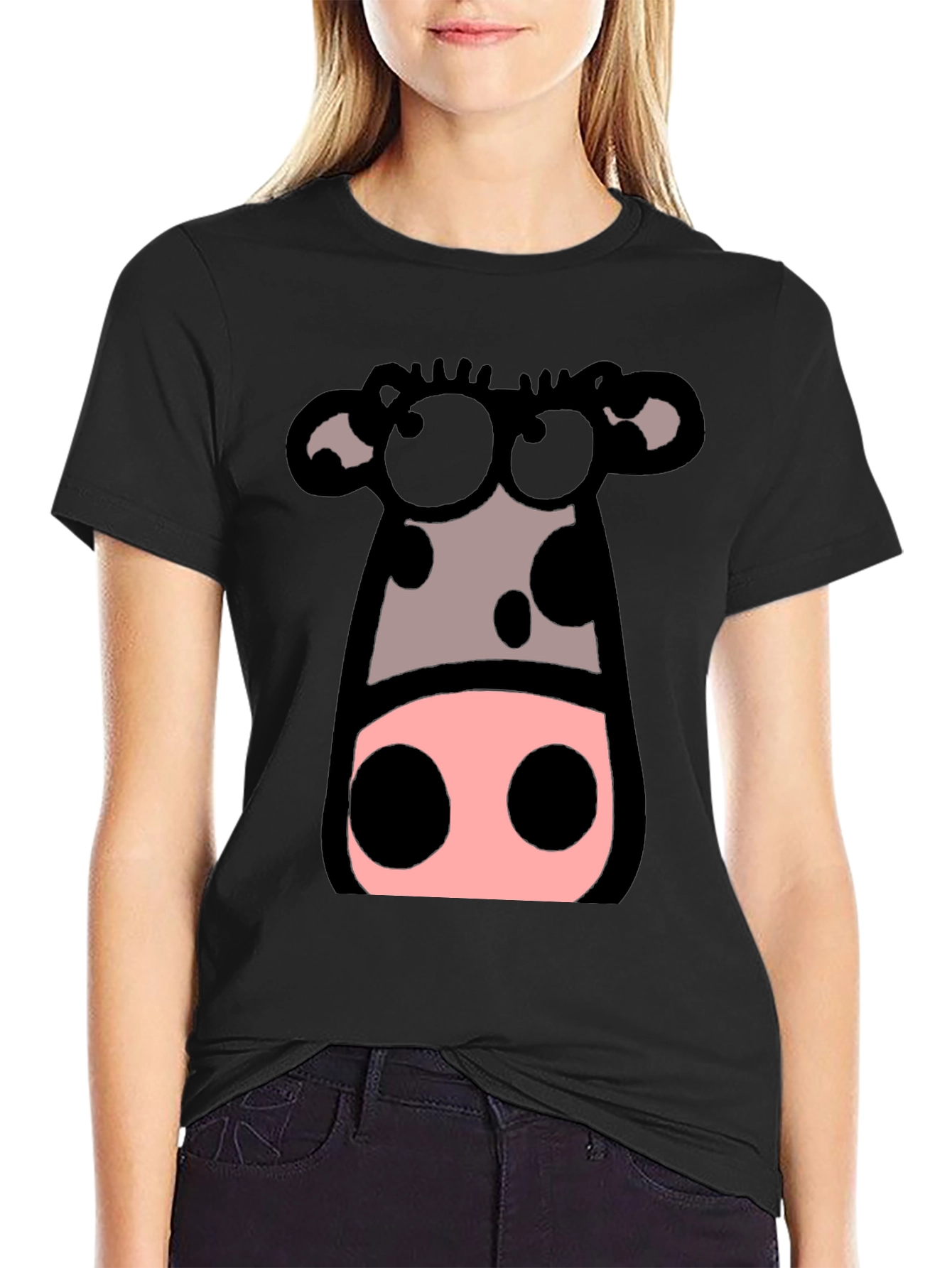 Black Cartoon Cow Graphic Tee - Black Crew Neck T-Shirt view 2