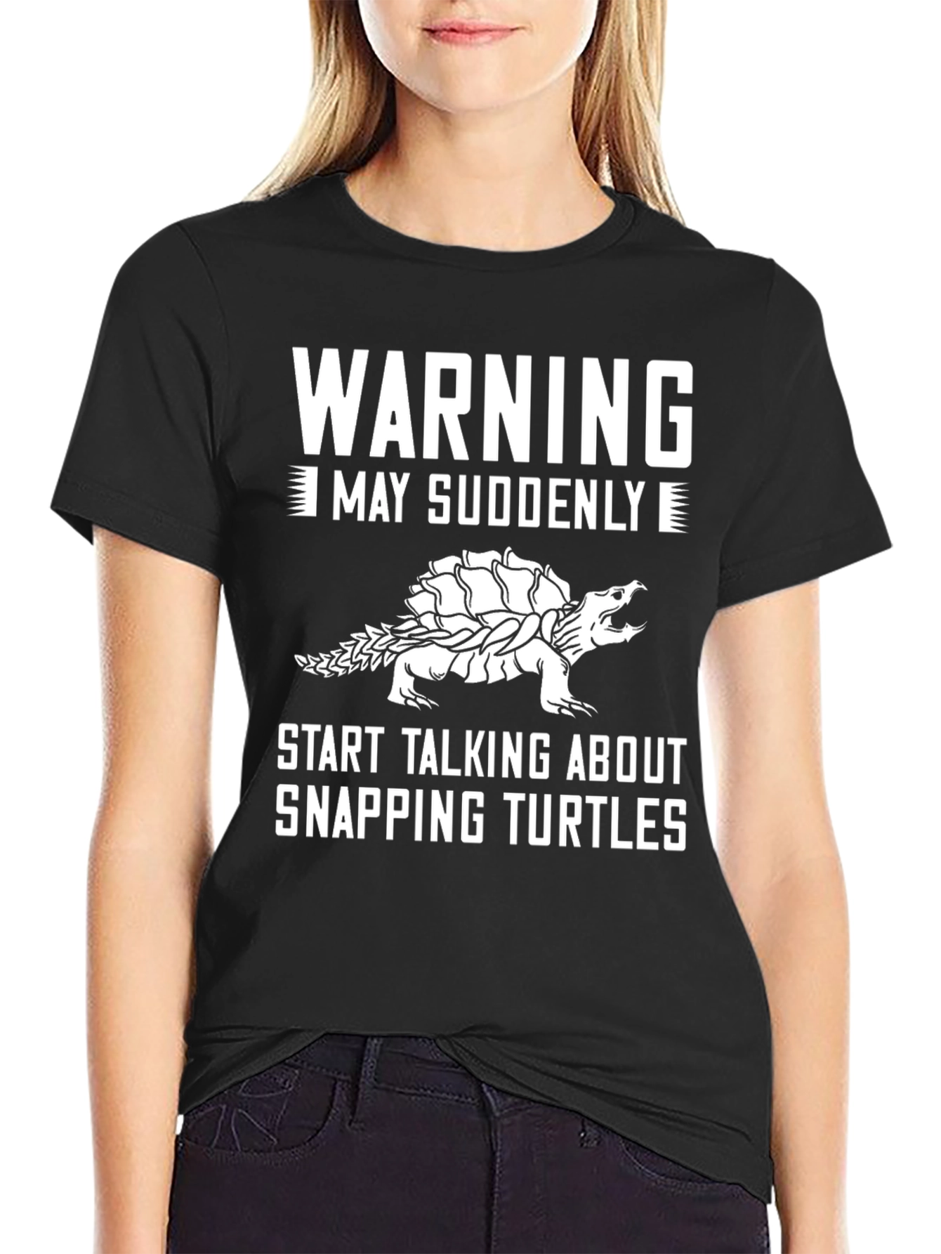 Black Warning Snapping Turtle Graphic T-Shirt view 2