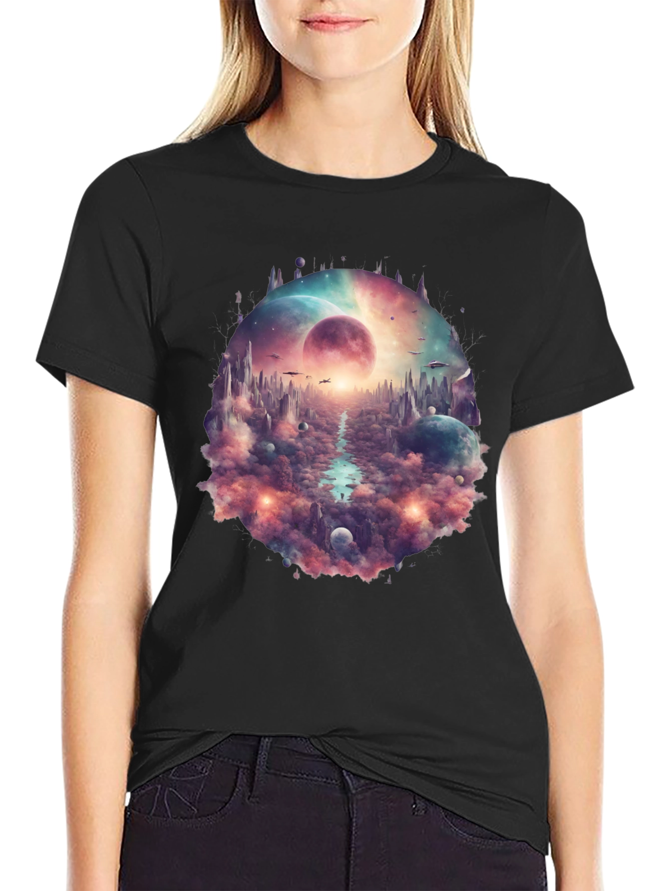 Black Sci-Fi Landscape Graphic T-Shirt view 2
