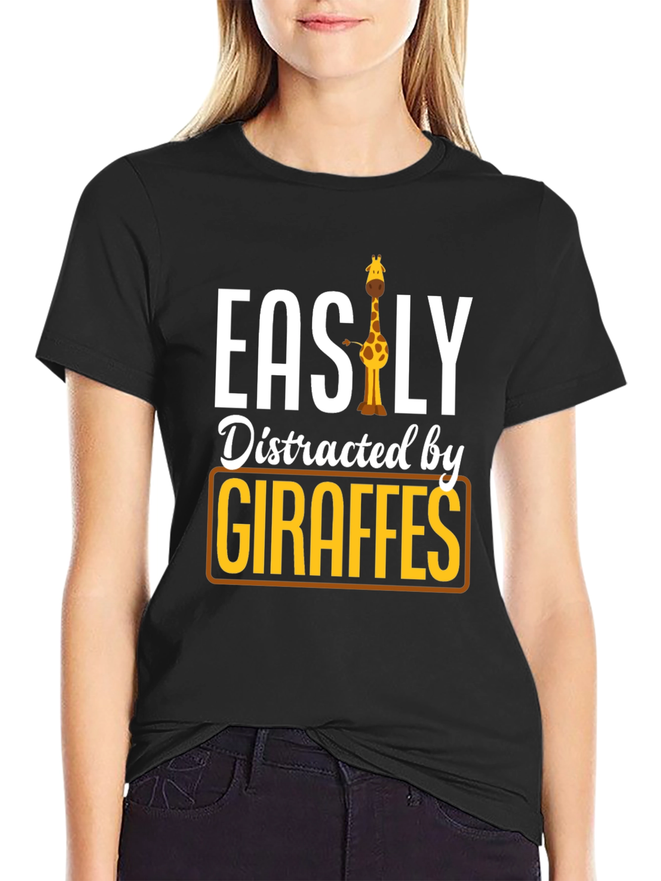 Black Easily Distracted By Giraffes T-Shirt view 2