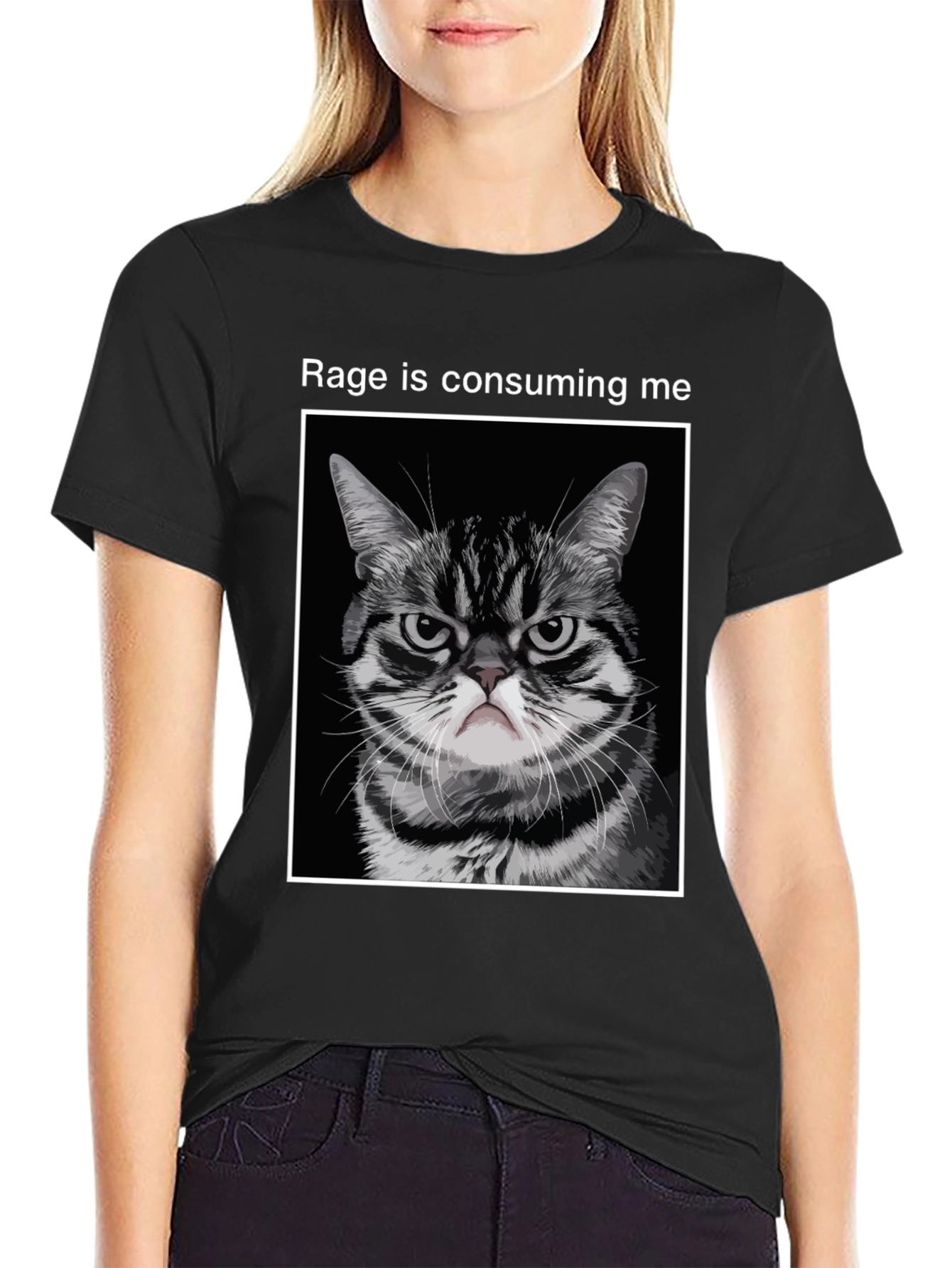 Black Rage Cat T-Shirt - Funny Angry Kitten Tee view 2