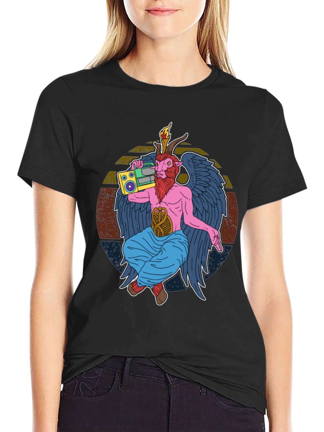 Black Retro Boombox Baphomet Graphic T-Shirt view 2