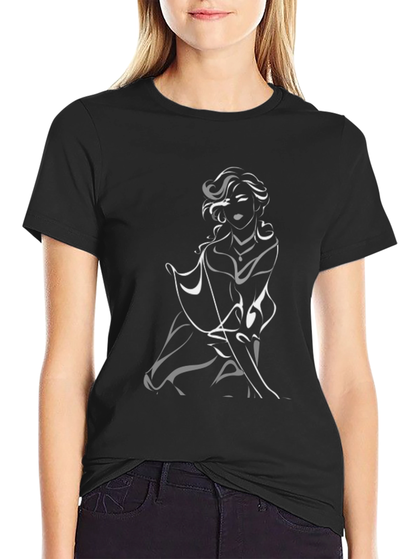 Black Abstract Woman Graphic Tee - Black Cotton Blend view 2