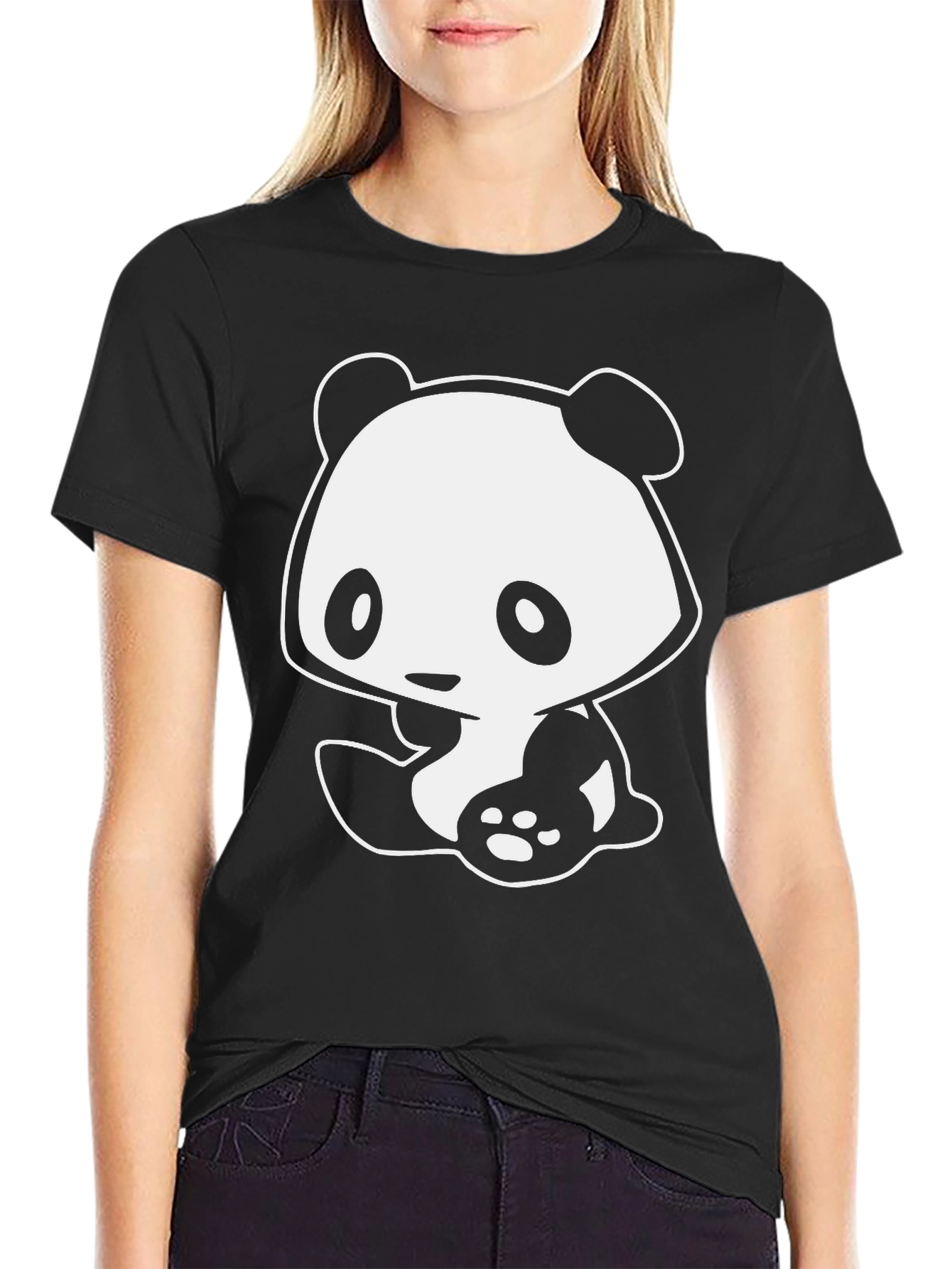 Black Cute Panda Graphic Black T-Shirt view 2