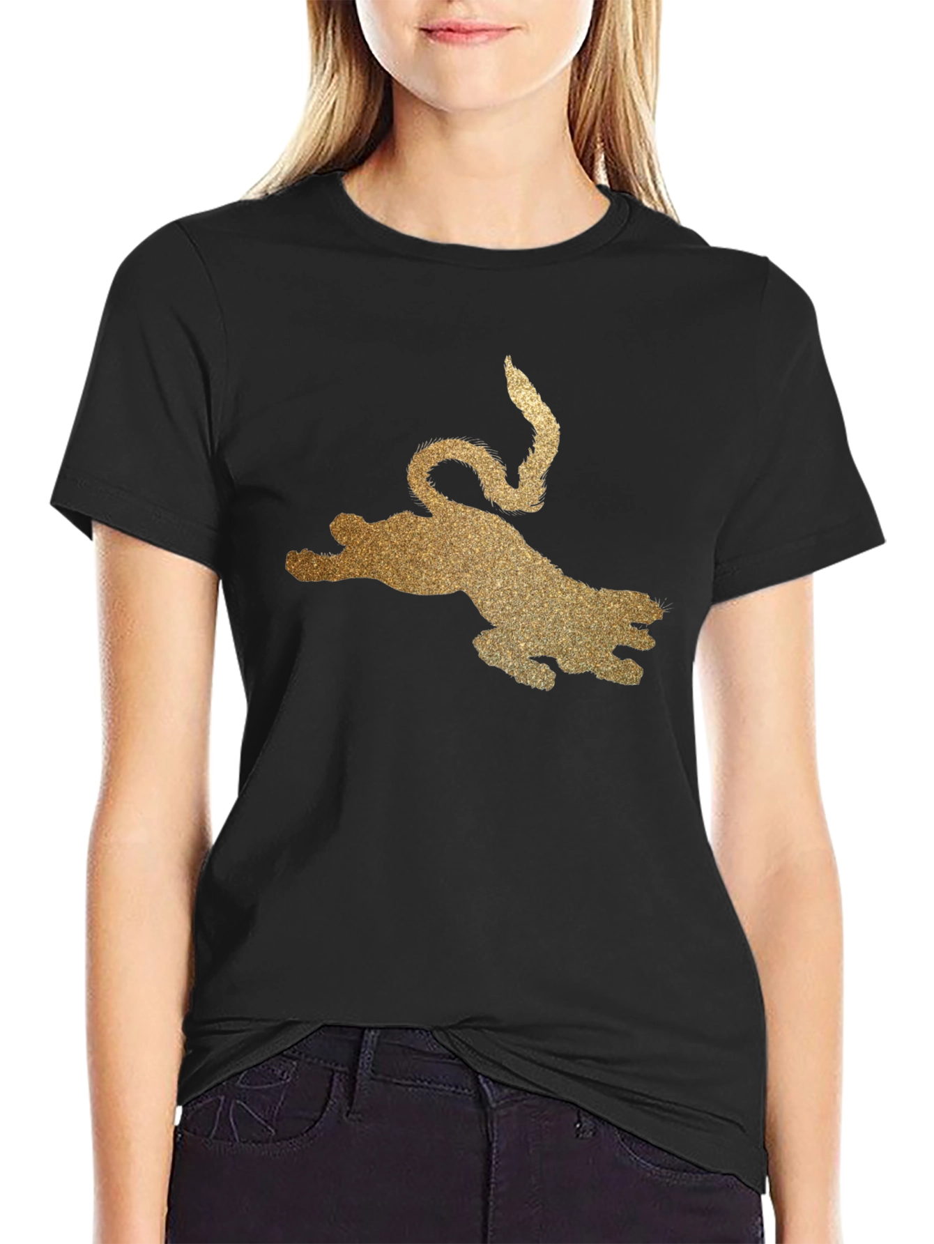 Black Black T-Shirt with Golden Glitter Leopard Graphic view 2