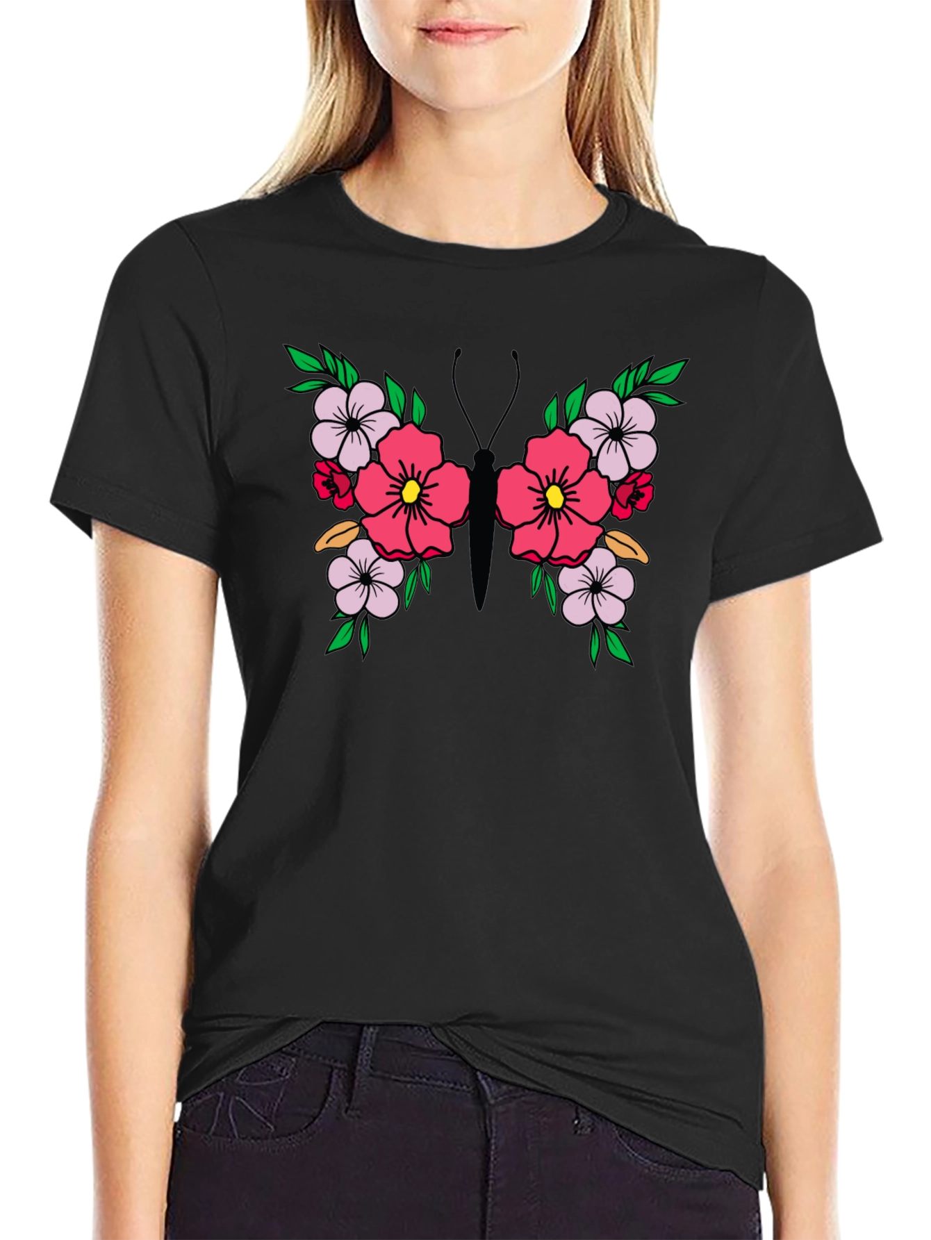 Black Floral Butterfly Graphic Tee - Black Unisex T-Shirt view 2
