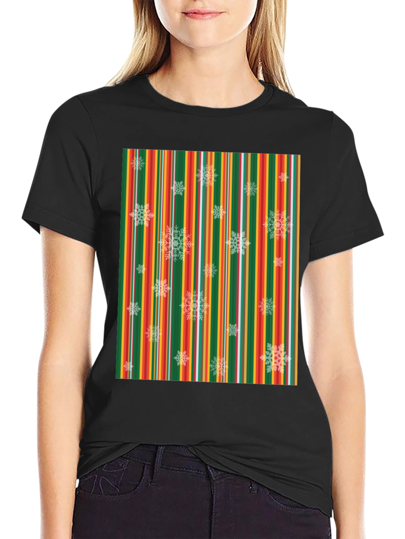 Black Festive Striped Snowflake T-Shirt view 2