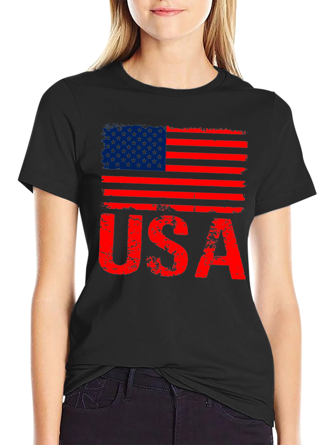Black Distressed USA Flag Graphic T-Shirt view 2