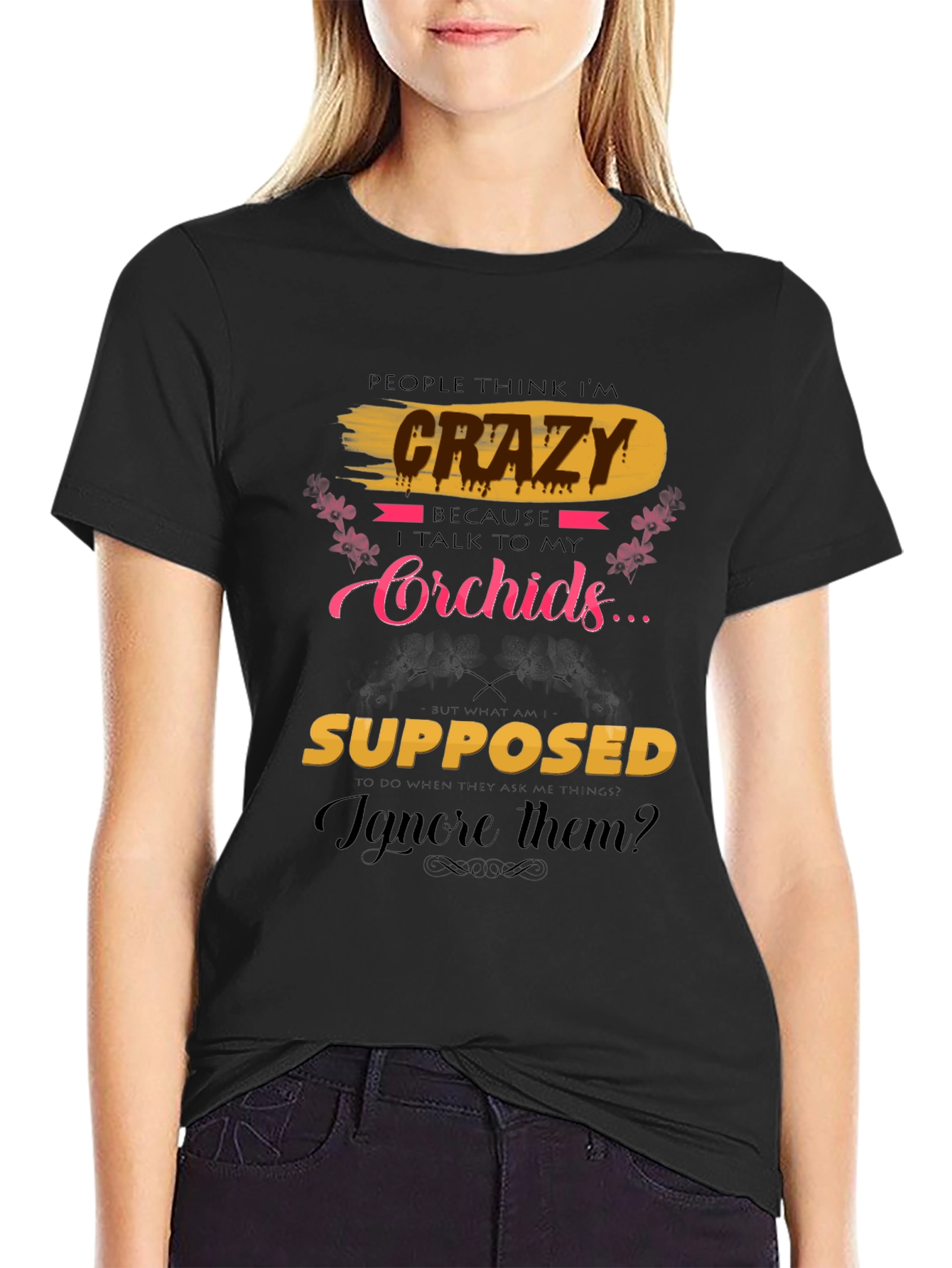 Black Crazy About Orchids T-Shirt view 2